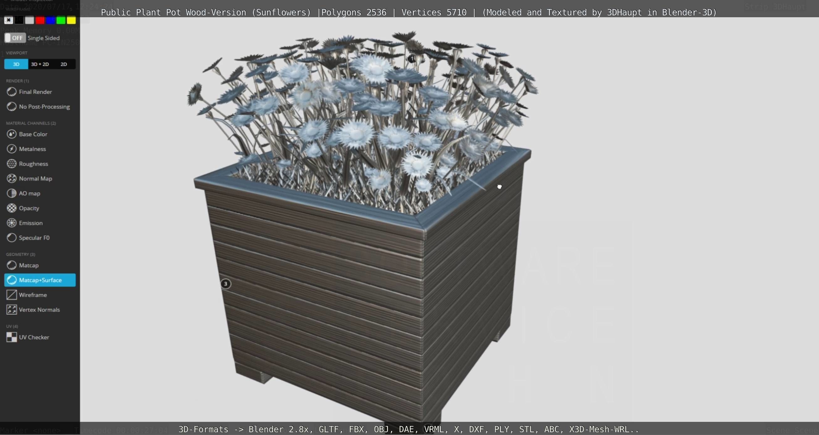 Public Plant Pot Wood-Version with Sunflowers Low-poly 3D model_120