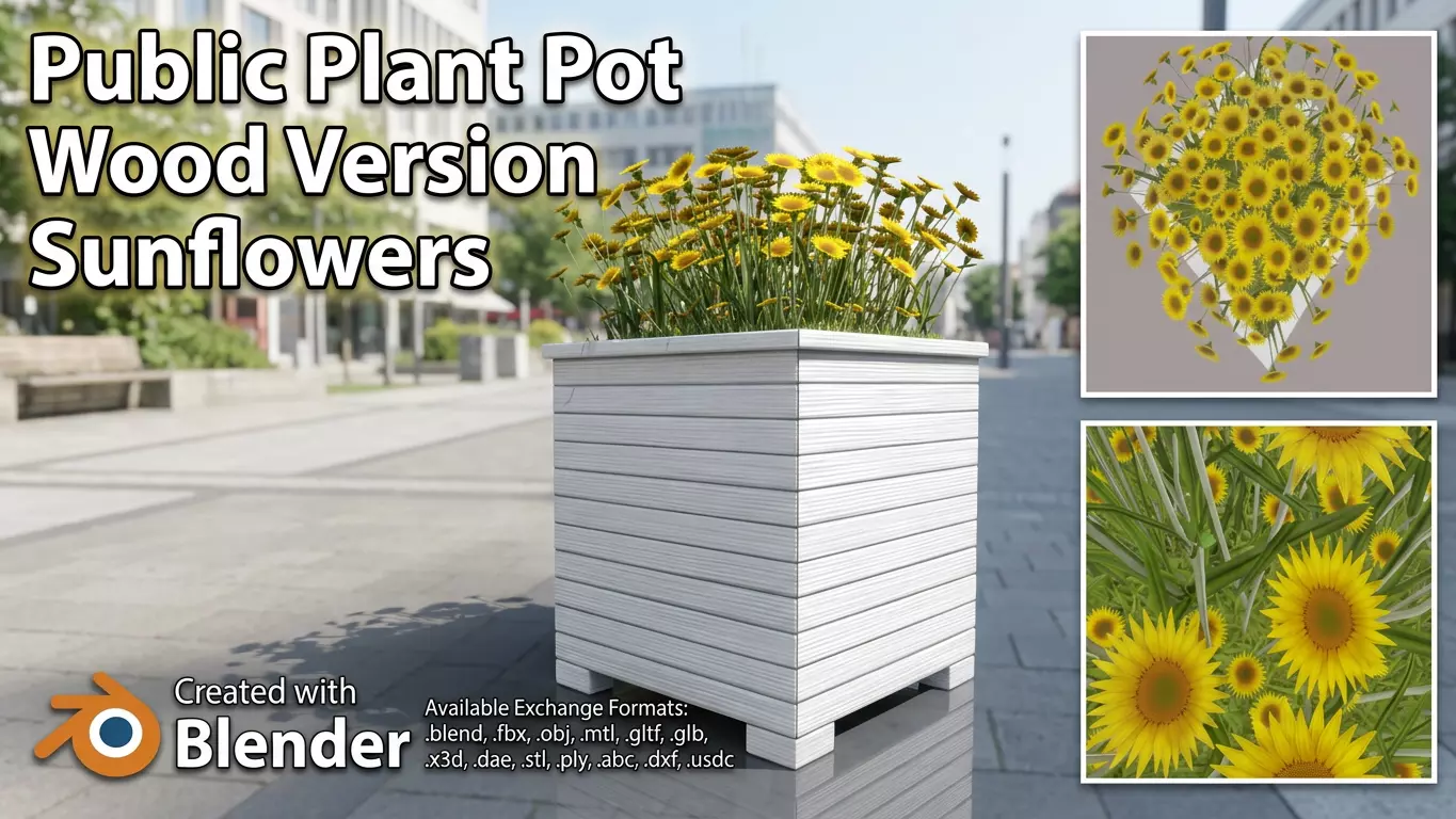 Public Plant Pot Wood-Version with Sunflowers Low-poly 3D model
