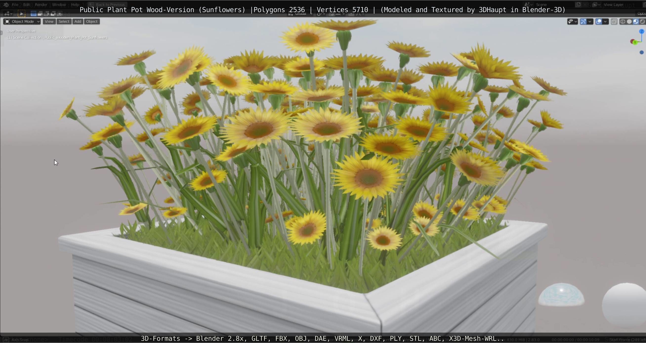 Public Plant Pot Wood-Version with Sunflowers Low-poly 3D model_2