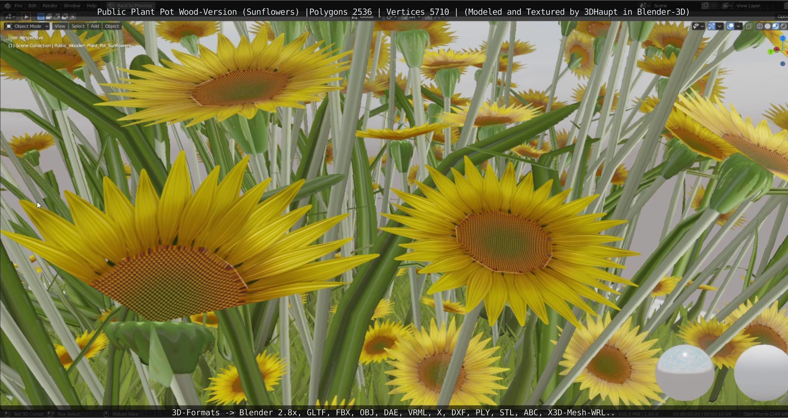 Public Plant Pot Wood-Version with Sunflowers Low-poly 3D model_20