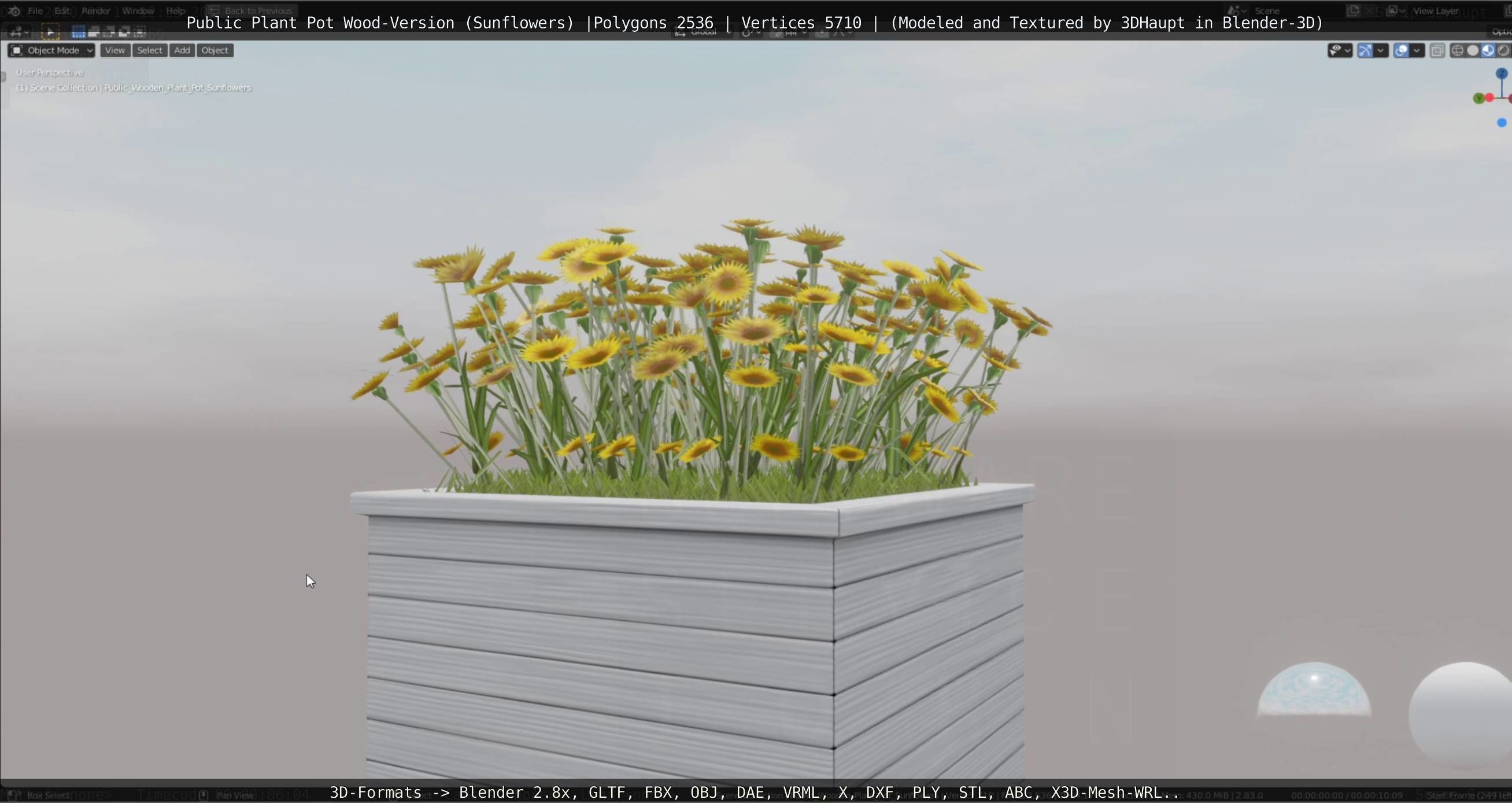 Public Plant Pot Wood-Version with Sunflowers Low-poly 3D model_31