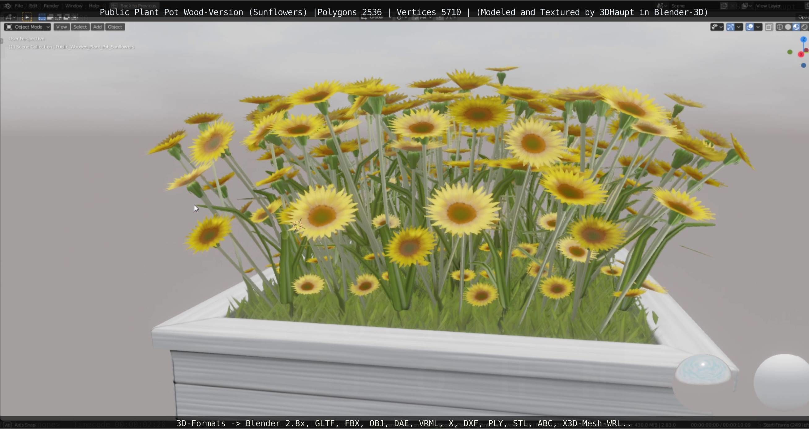 Public Plant Pot Wood-Version with Sunflowers Low-poly 3D model_17