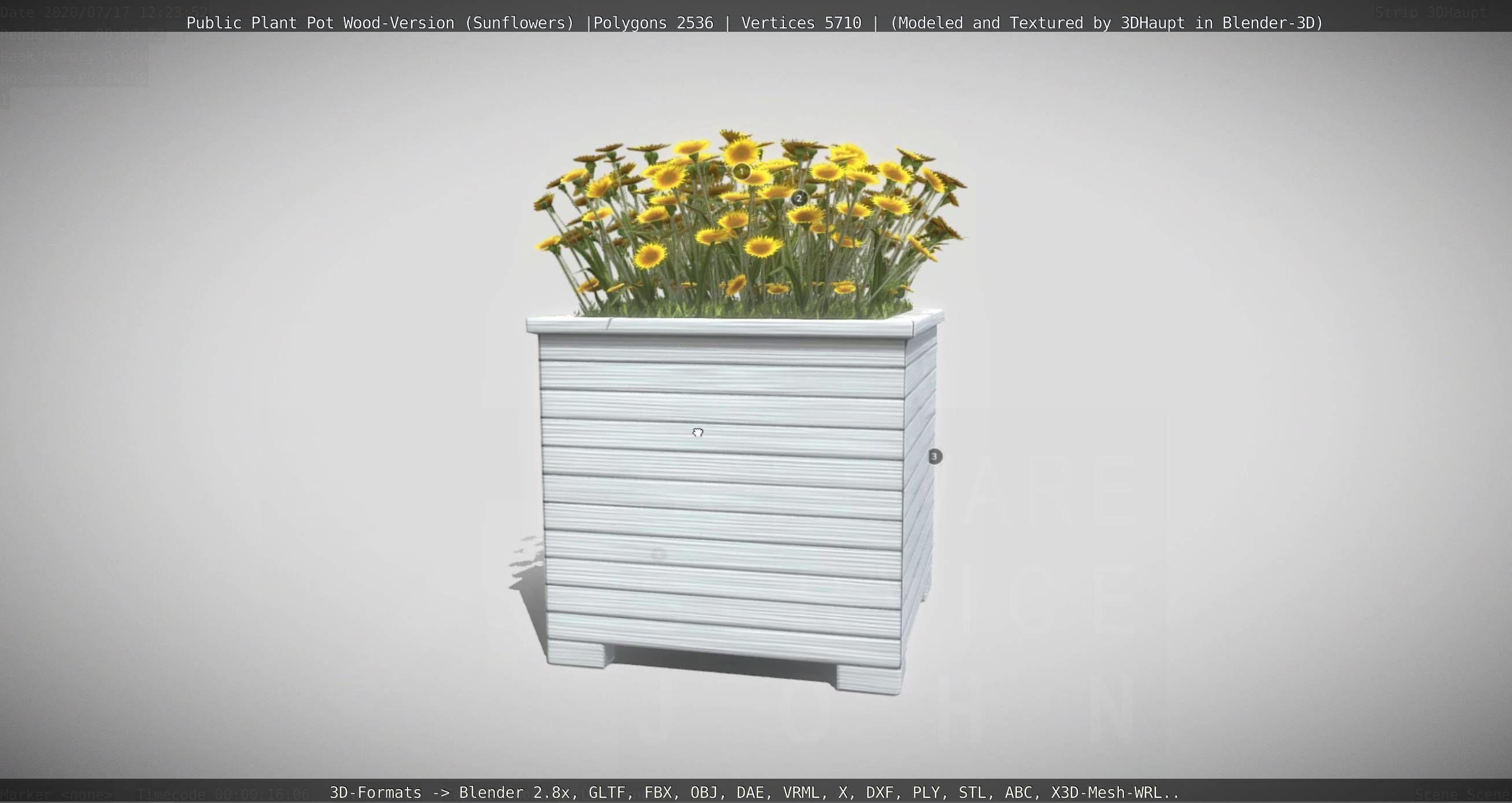 Public Plant Pot Wood-Version with Sunflowers Low-poly 3D model_73