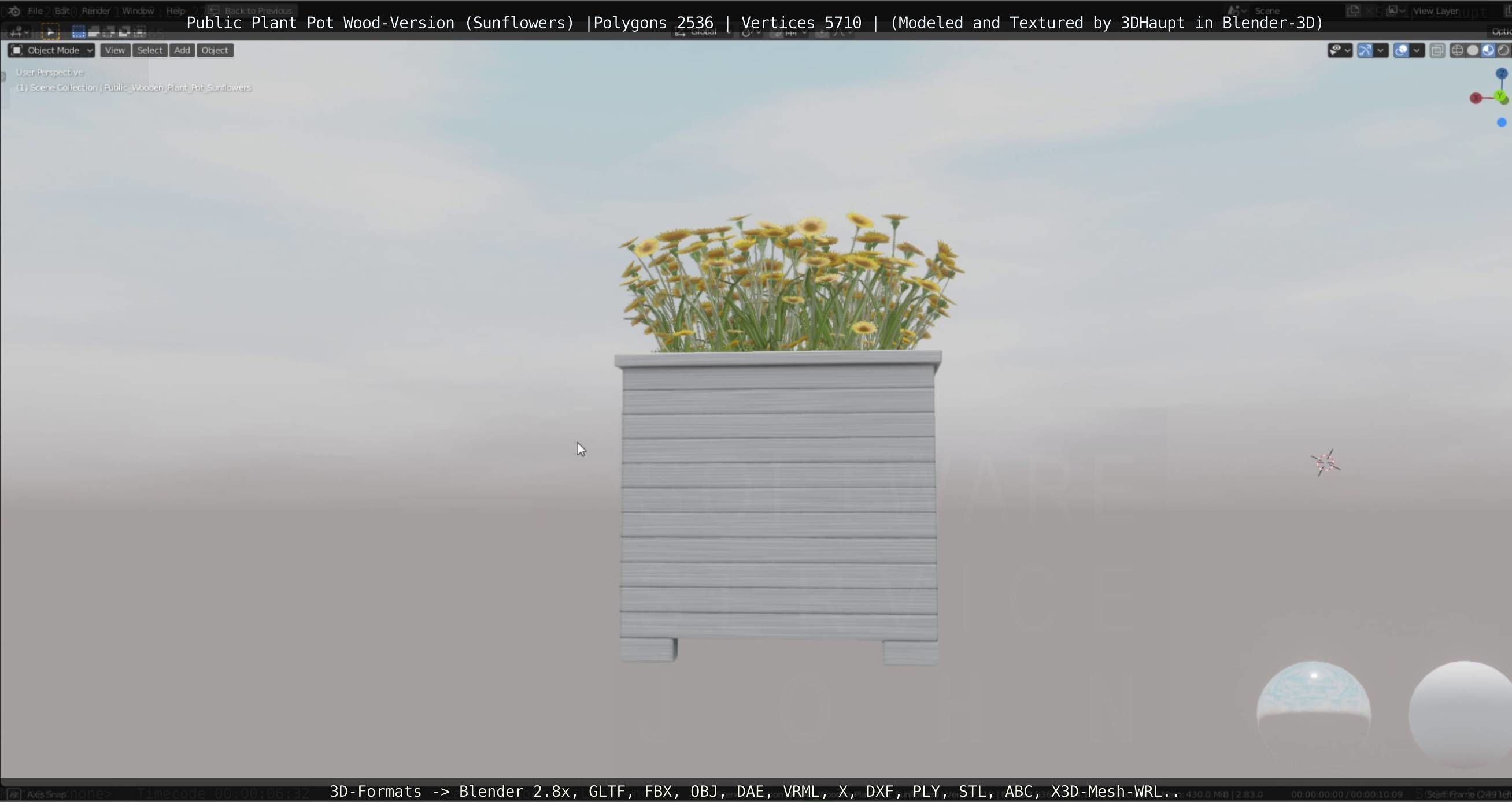 Public Plant Pot Wood-Version with Sunflowers Low-poly 3D model_33