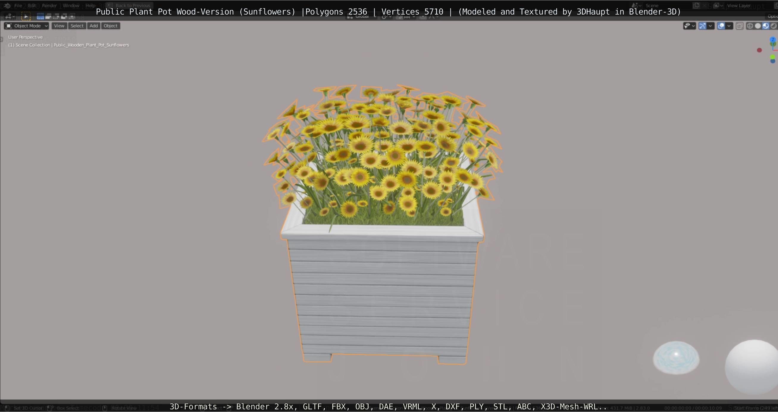 Public Plant Pot Wood-Version with Sunflowers Low-poly 3D model_56