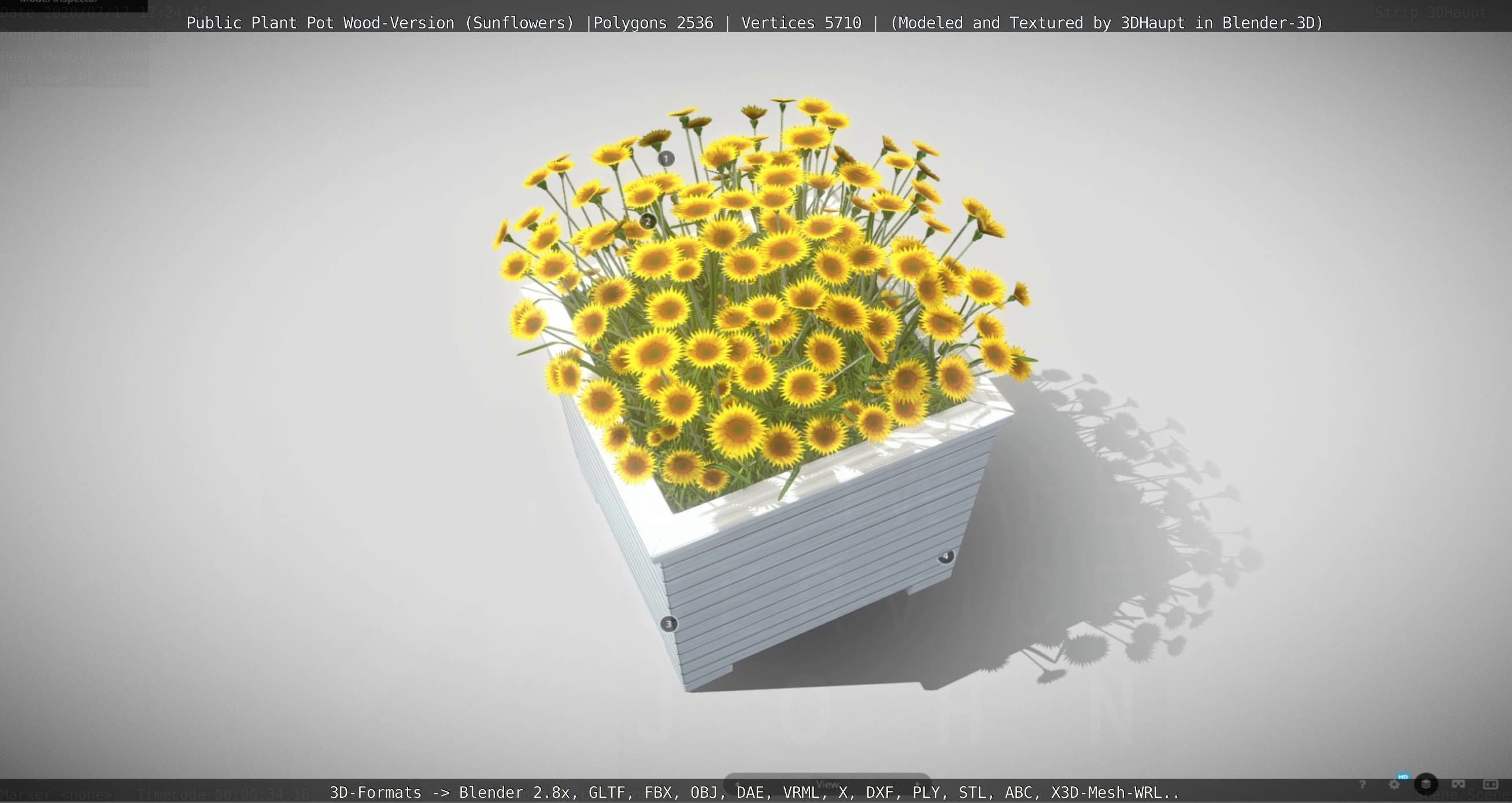 Public Plant Pot Wood-Version with Sunflowers Low-poly 3D model_136