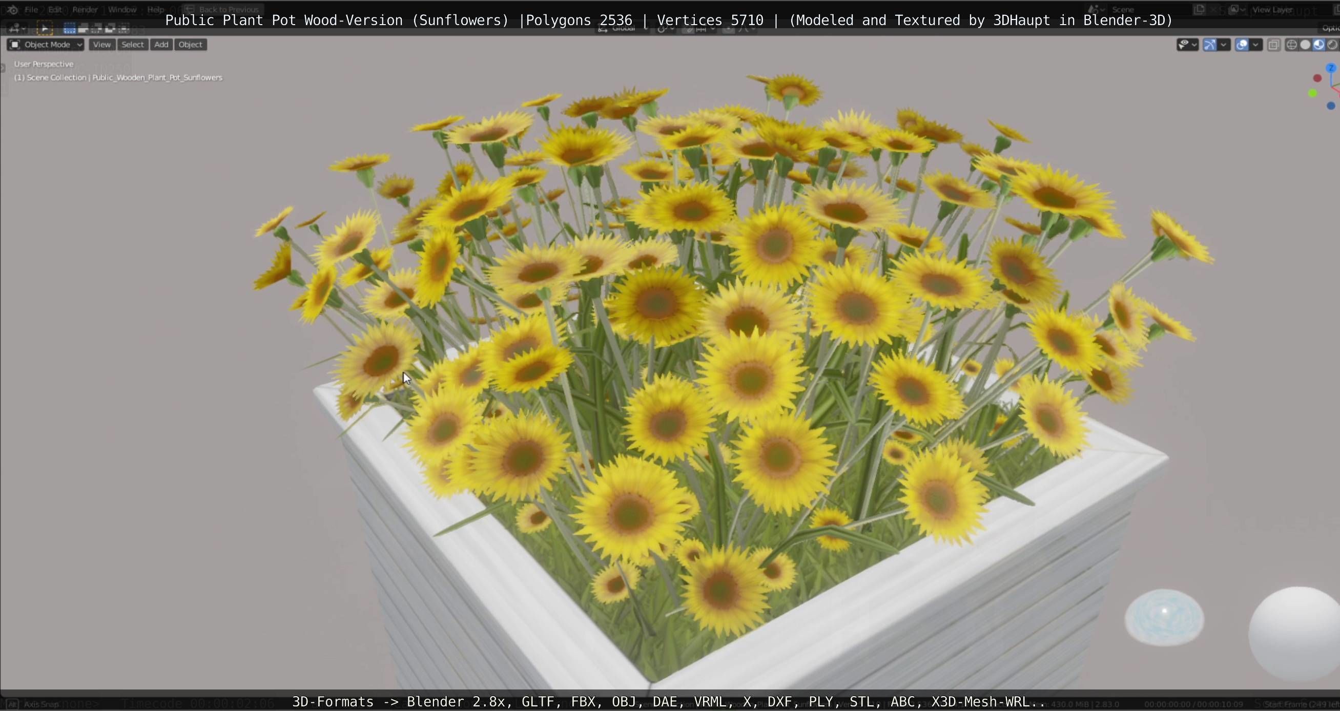 Public Plant Pot Wood-Version with Sunflowers Low-poly 3D model_16