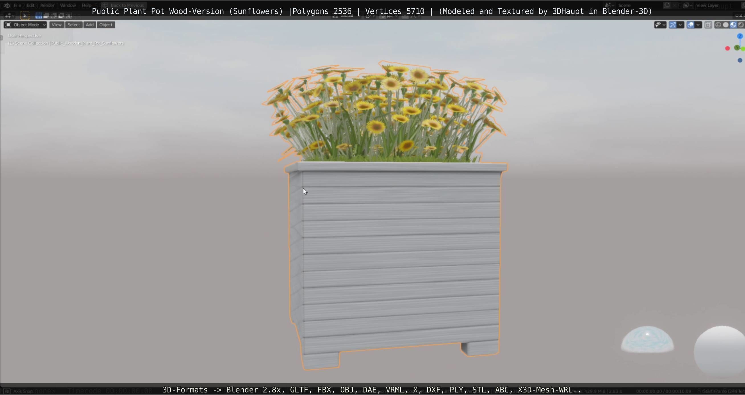 Public Plant Pot Wood-Version with Sunflowers Low-poly 3D model_6