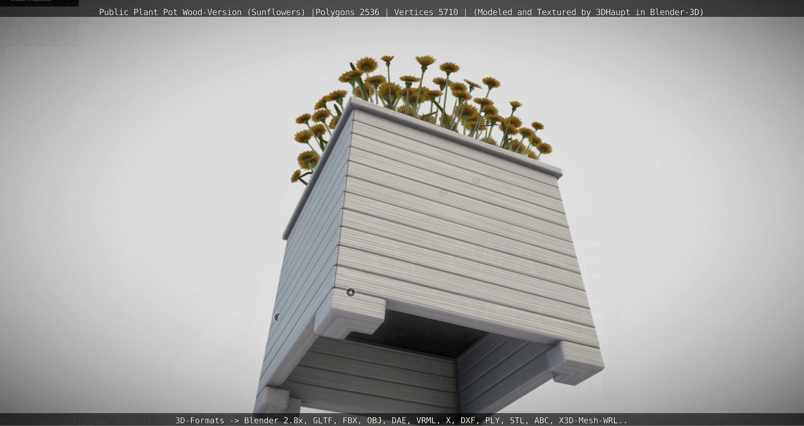 Public Plant Pot Wood-Version with Sunflowers Low-poly 3D model_125