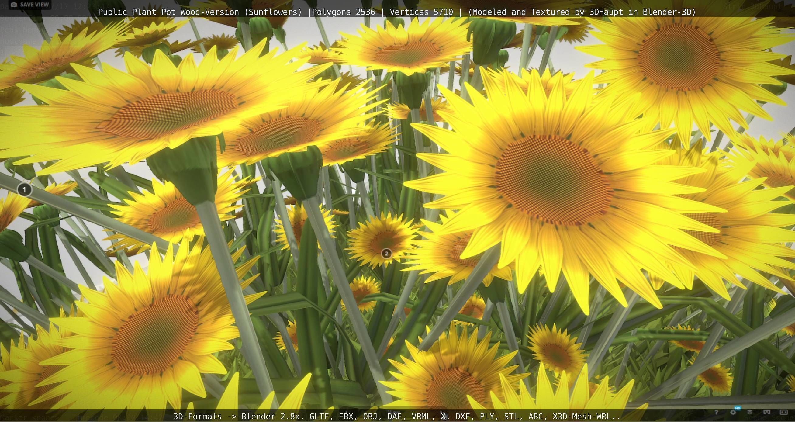 Public Plant Pot Wood-Version with Sunflowers Low-poly 3D model_67