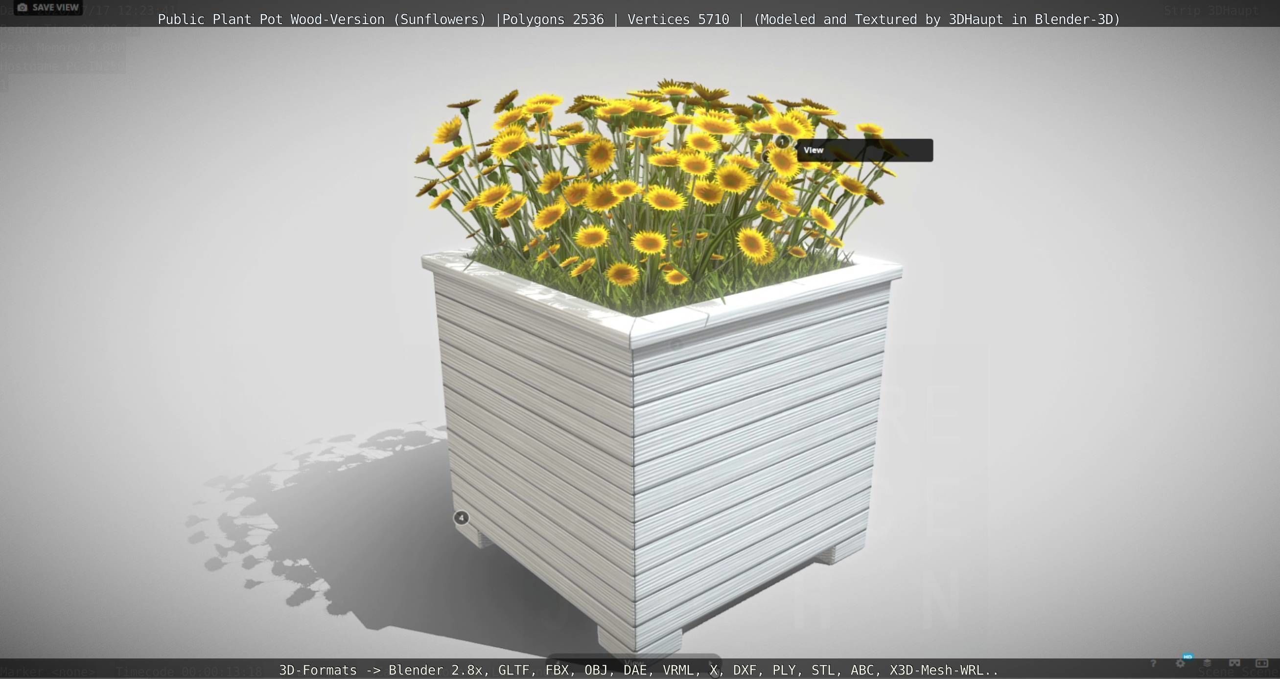 Public Plant Pot Wood-Version with Sunflowers Low-poly 3D model_62