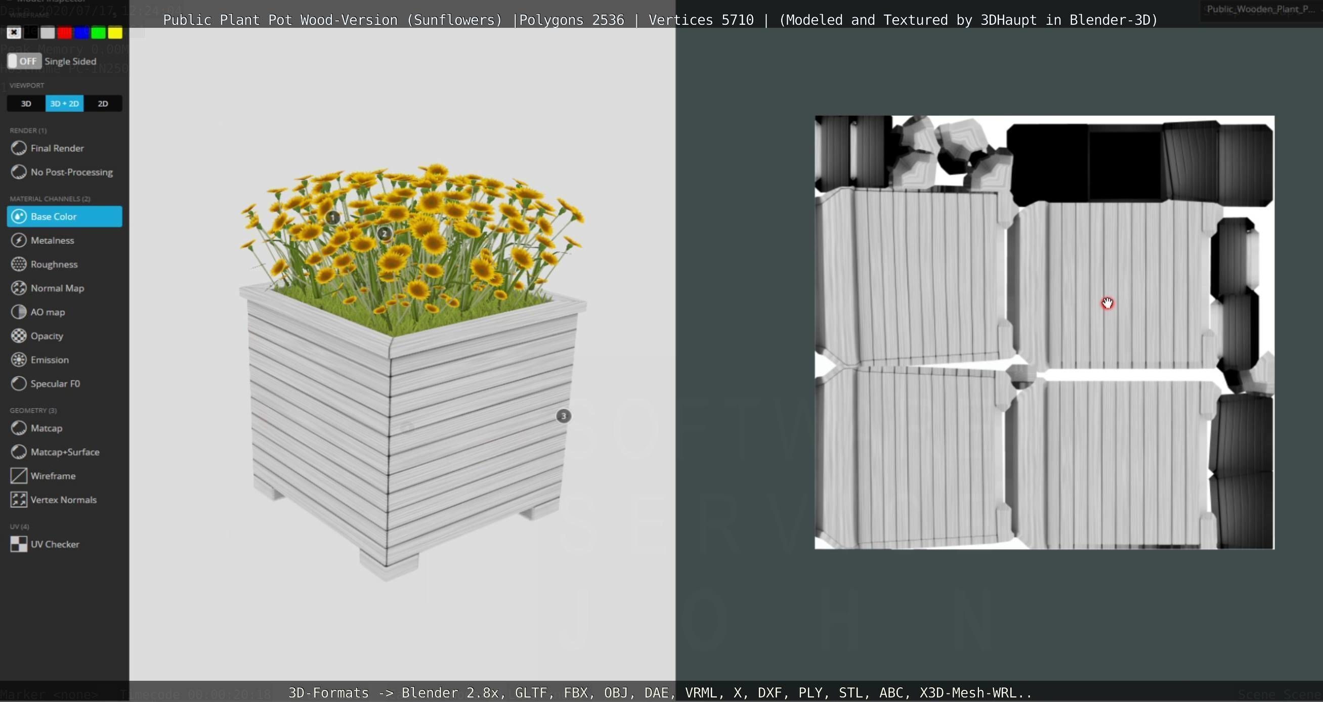 Public Plant Pot Wood-Version with Sunflowers Low-poly 3D model_91
