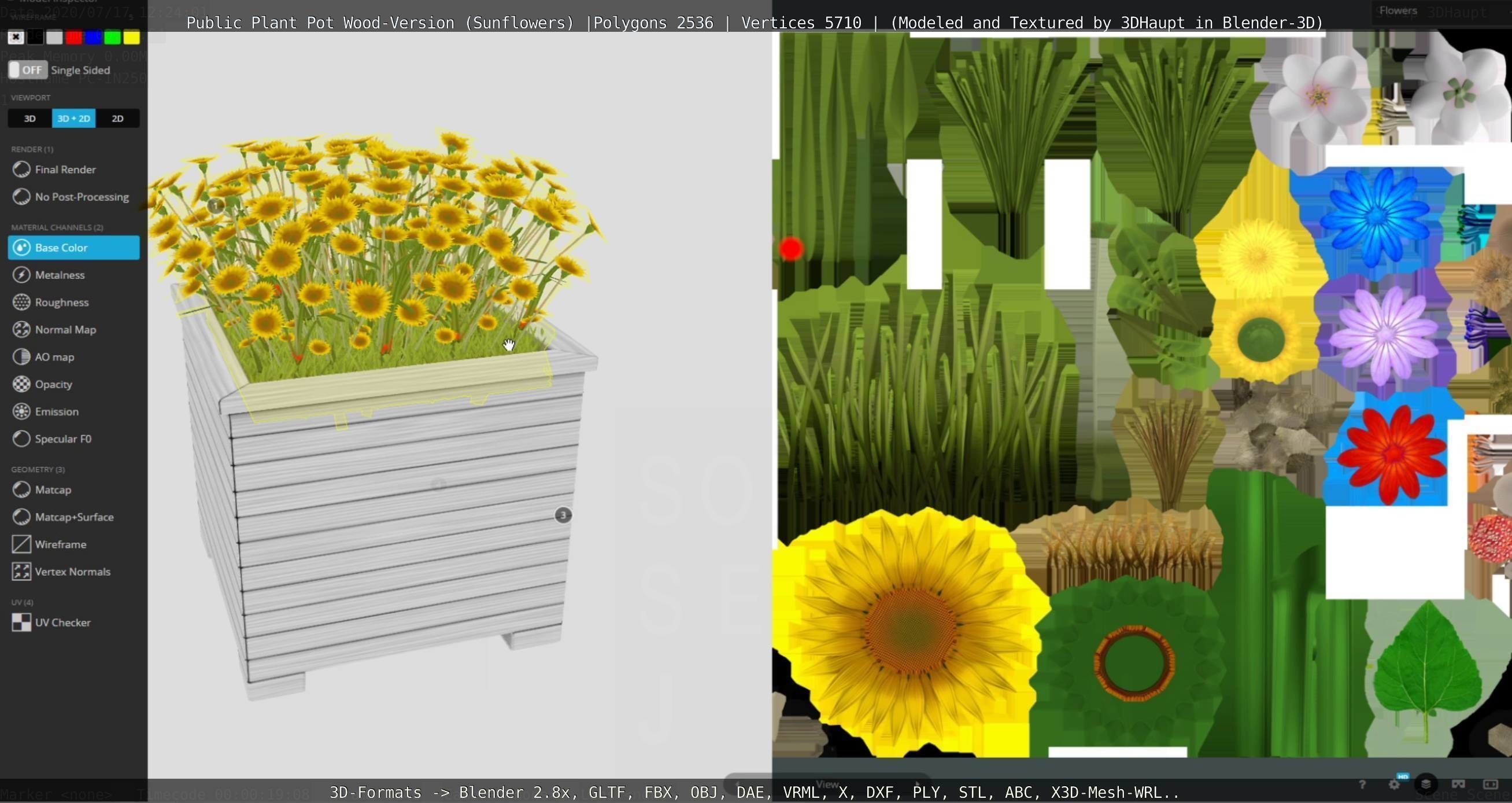 Public Plant Pot Wood-Version with Sunflowers Low-poly 3D model_86