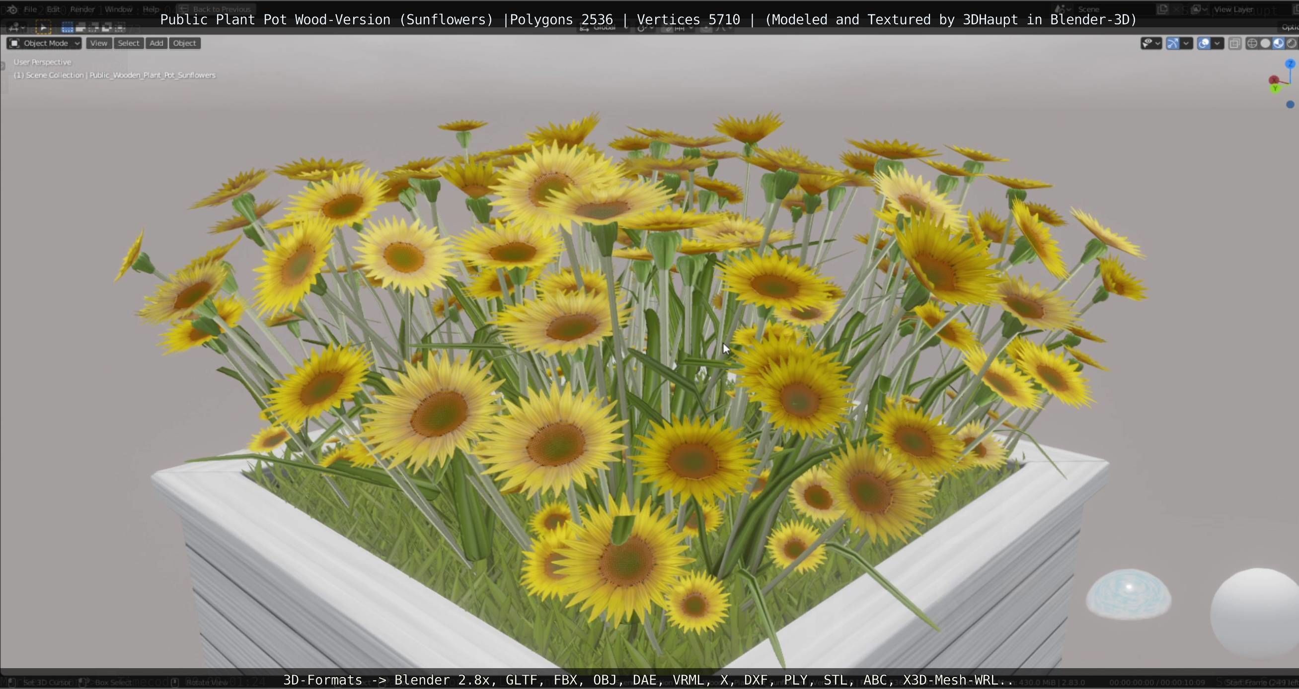 Public Plant Pot Wood-Version with Sunflowers Low-poly 3D model_13