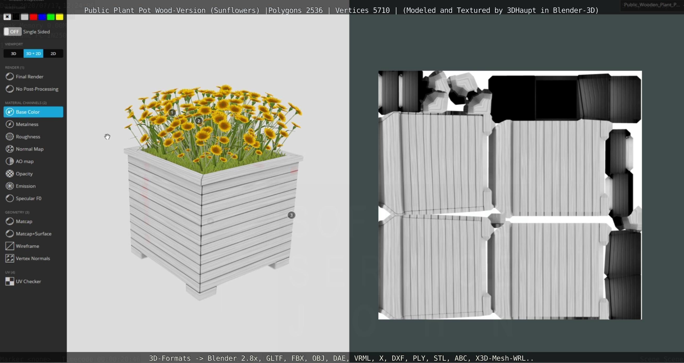 Public Plant Pot Wood-Version with Sunflowers Low-poly 3D model_93