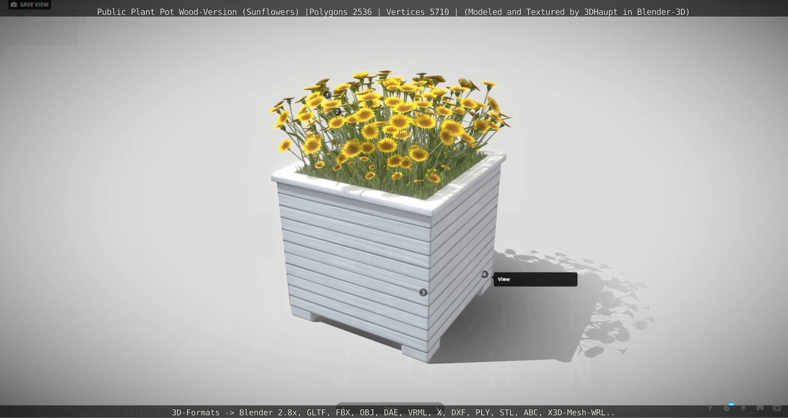Public Plant Pot Wood-Version with Sunflowers Low-poly 3D model_69