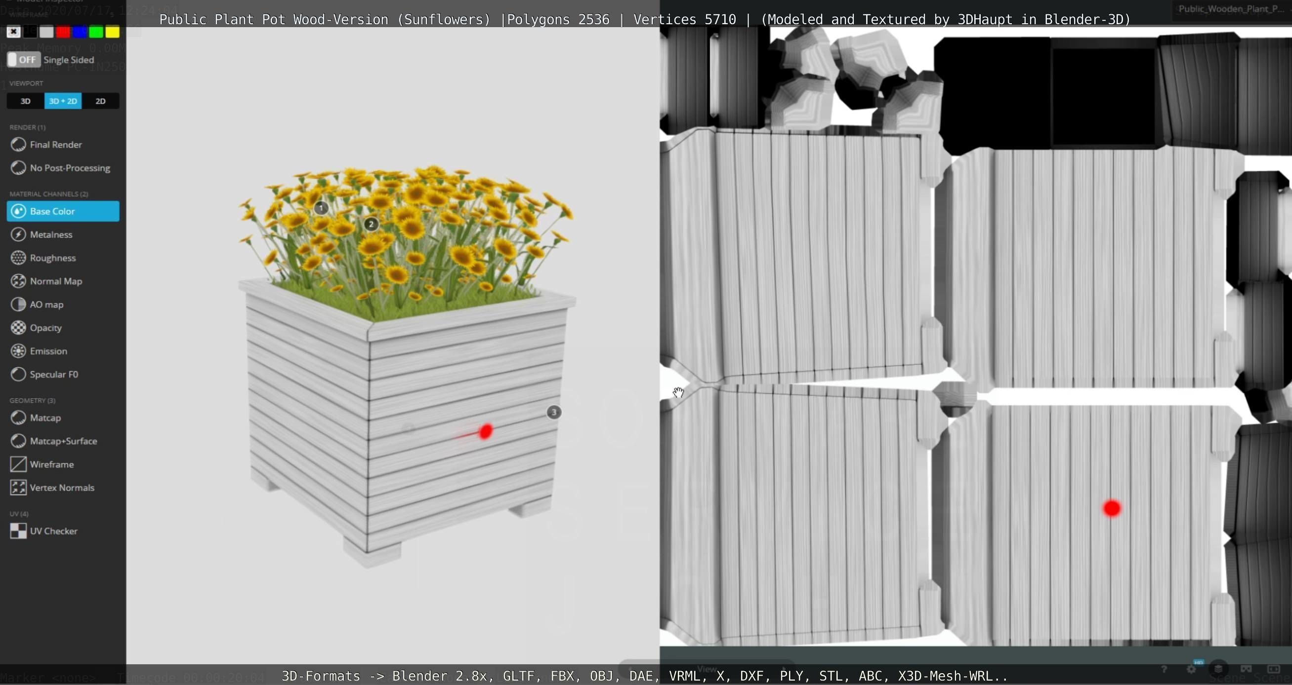 Public Plant Pot Wood-Version with Sunflowers Low-poly 3D model_90