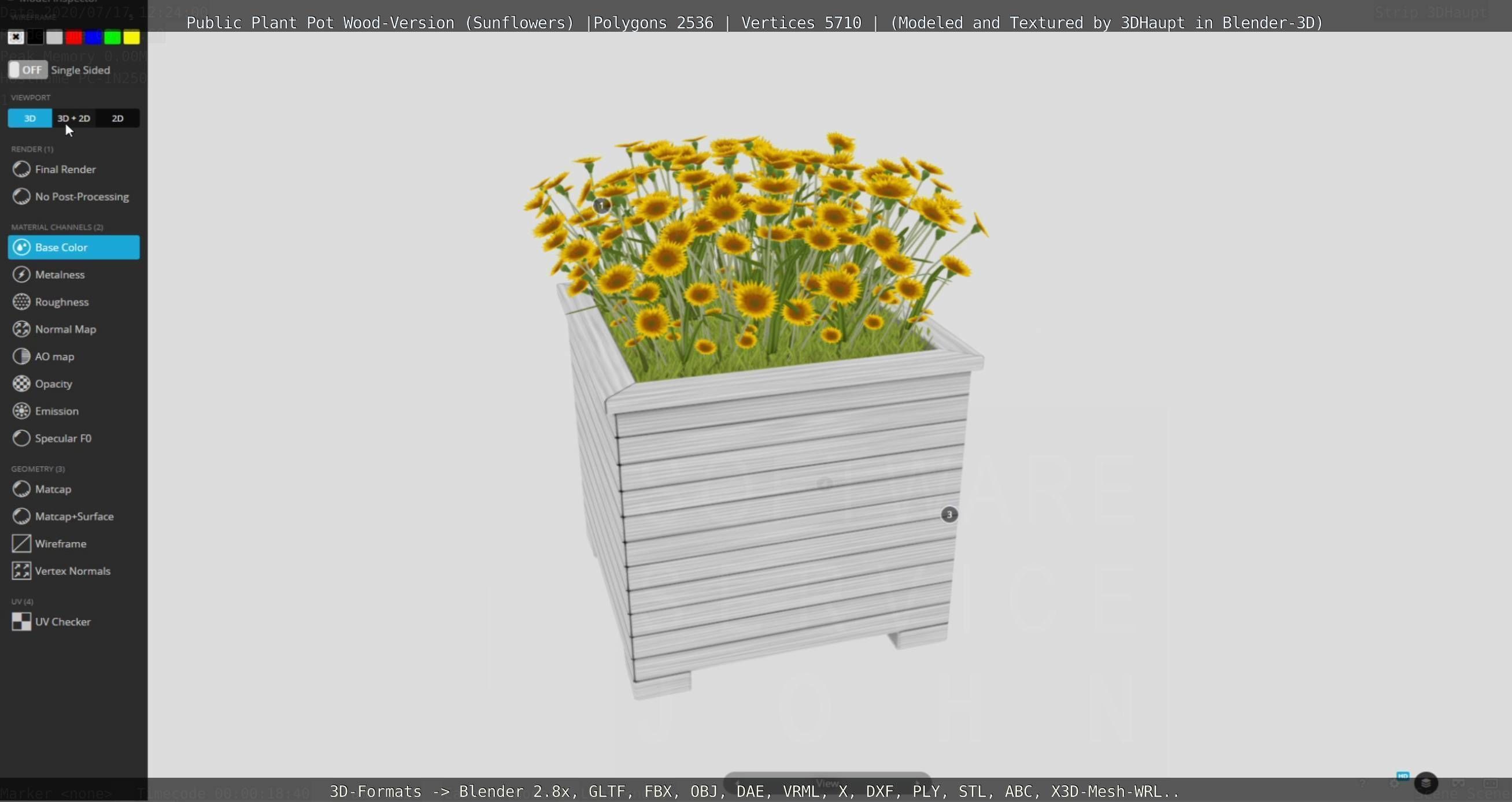 Public Plant Pot Wood-Version with Sunflowers Low-poly 3D model_84