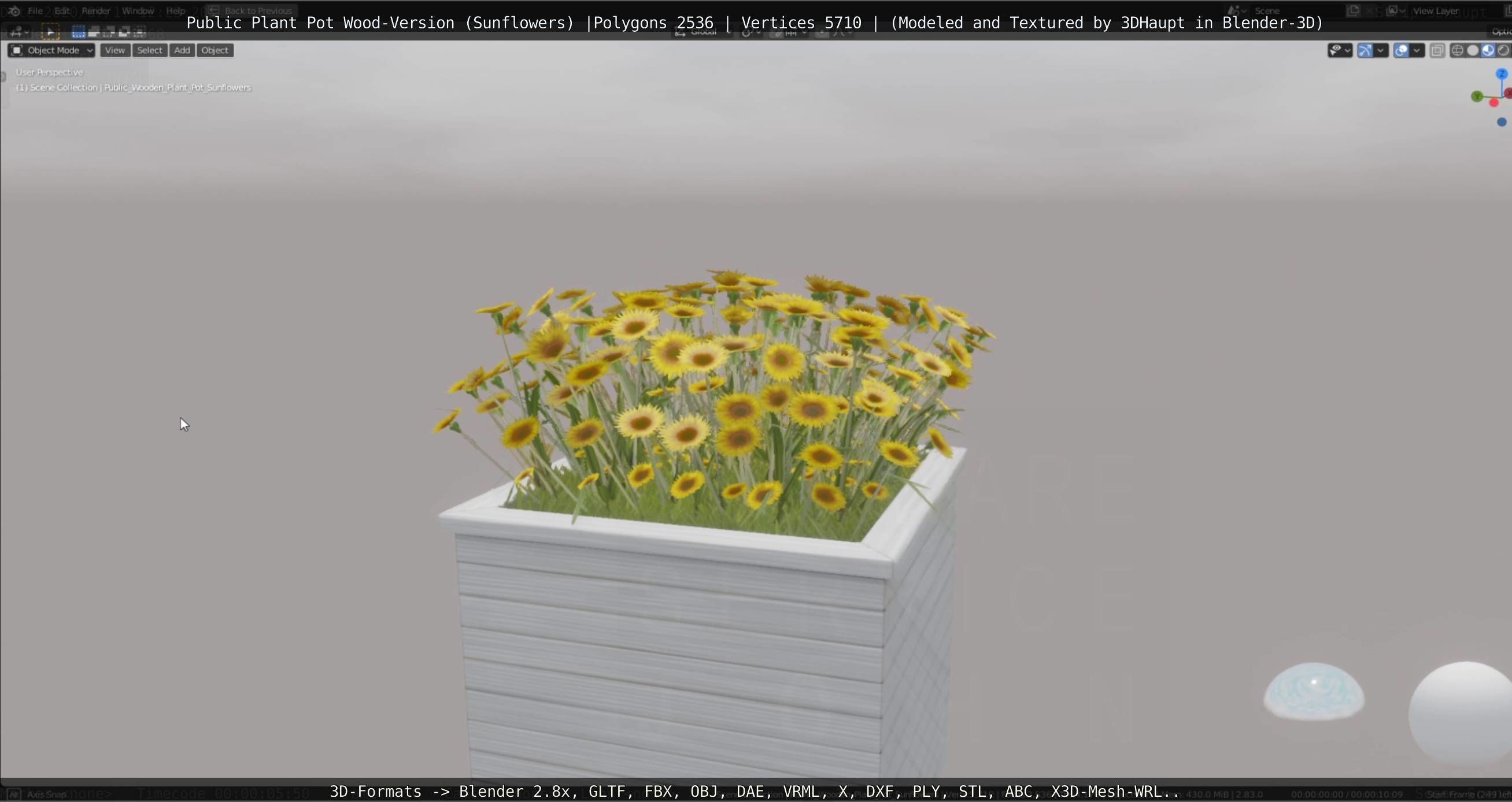 Public Plant Pot Wood-Version with Sunflowers Low-poly 3D model_30