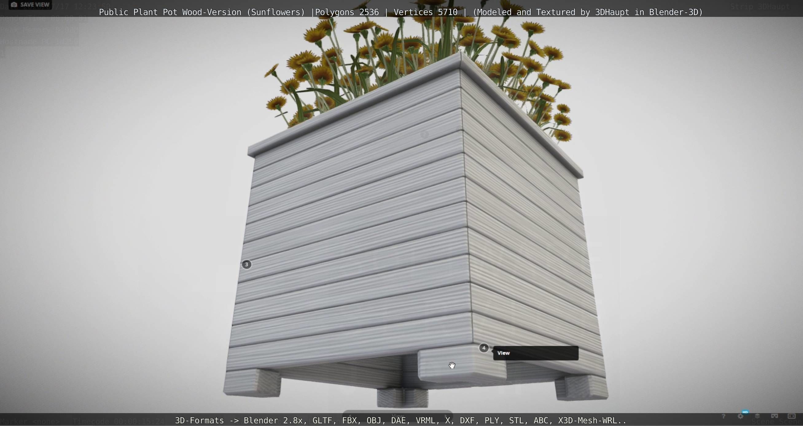 Public Plant Pot Wood-Version with Sunflowers Low-poly 3D model_70