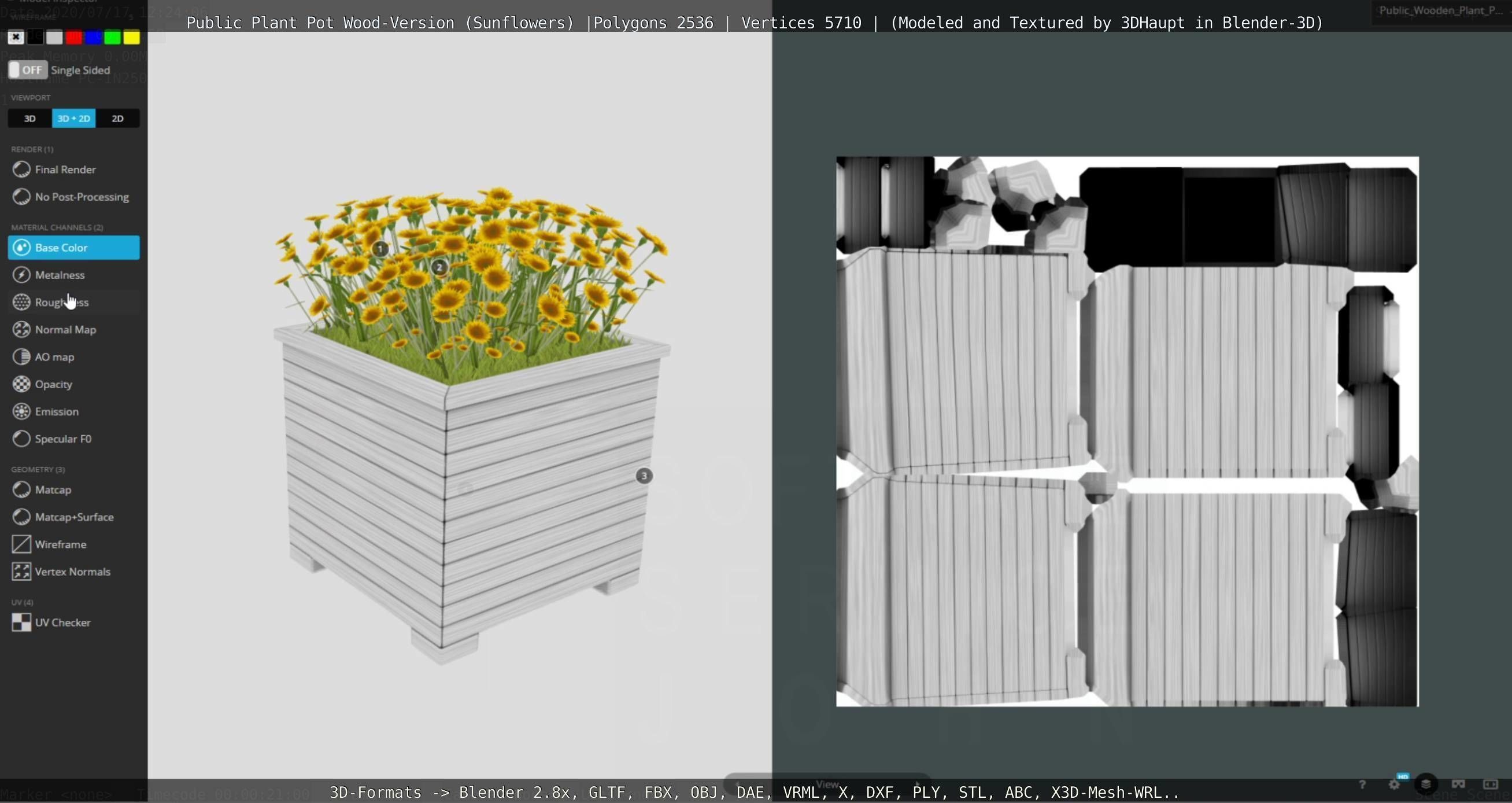 Public Plant Pot Wood-Version with Sunflowers Low-poly 3D model_94