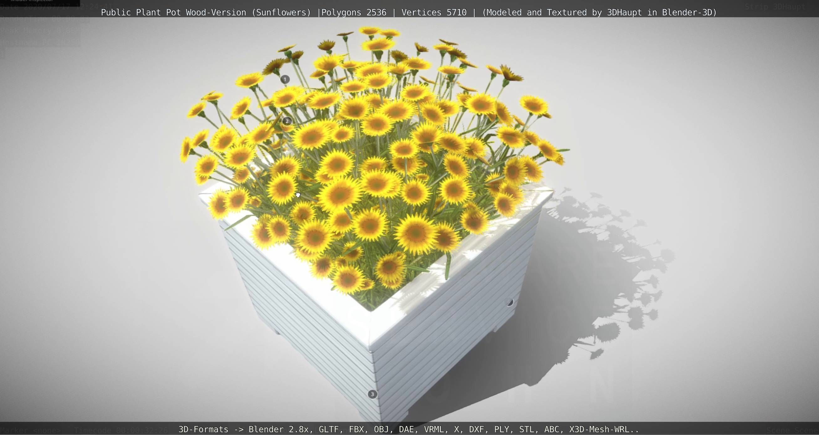 Public Plant Pot Wood-Version with Sunflowers Low-poly 3D model_128