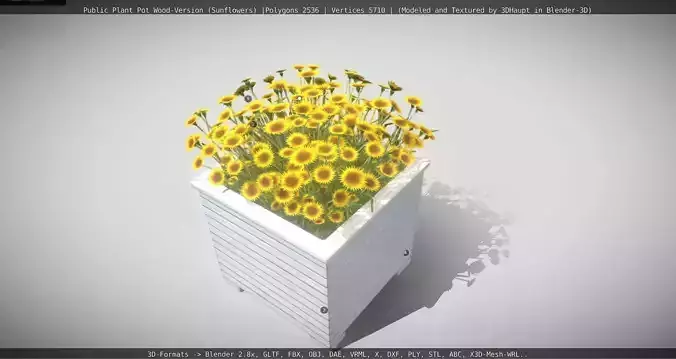Public Plant Pot Wood-Version with Sunflowers Low-poly 3D model