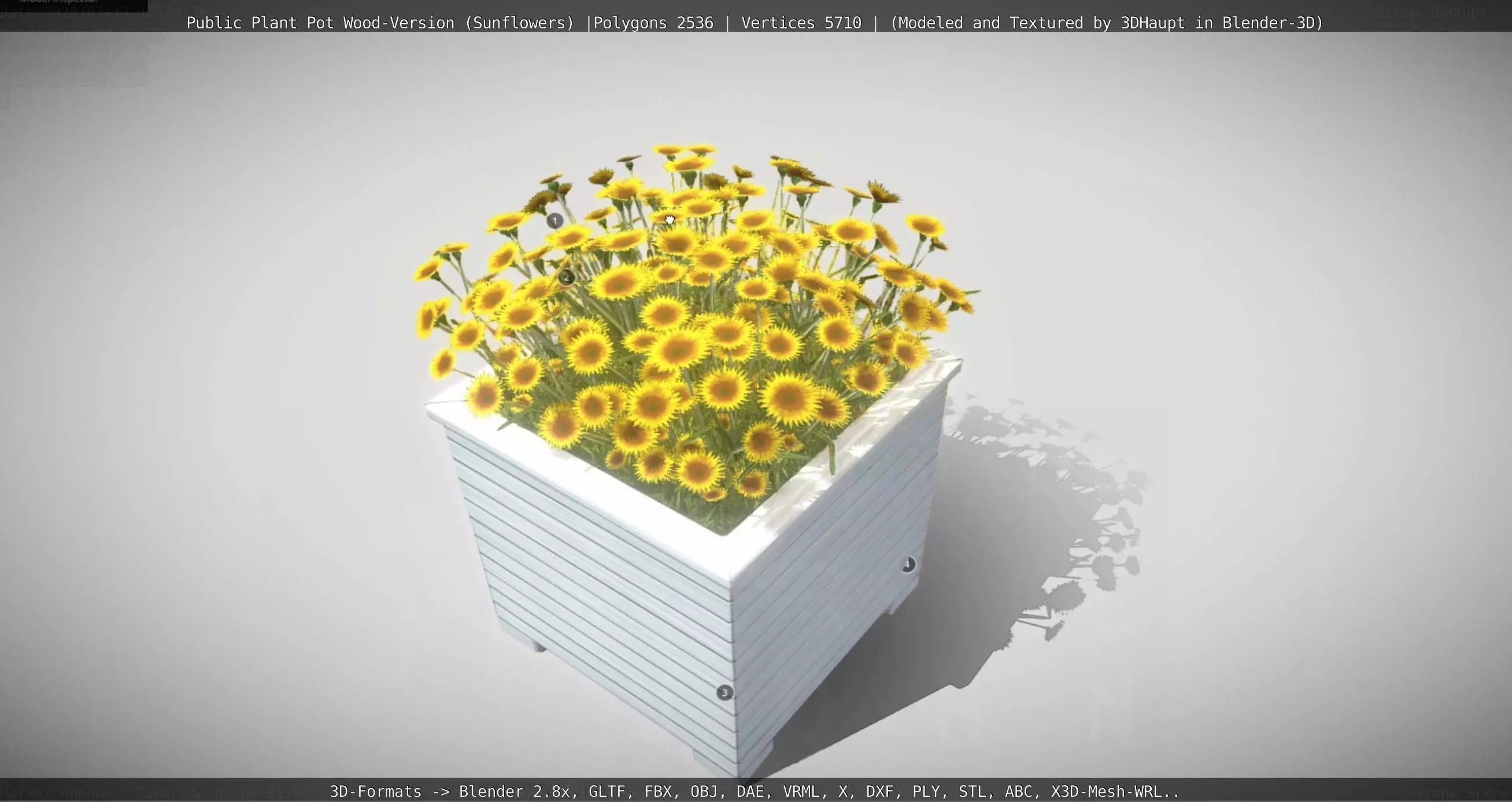 Public Plant Pot Wood-Version with Sunflowers Low-poly 3D model_0