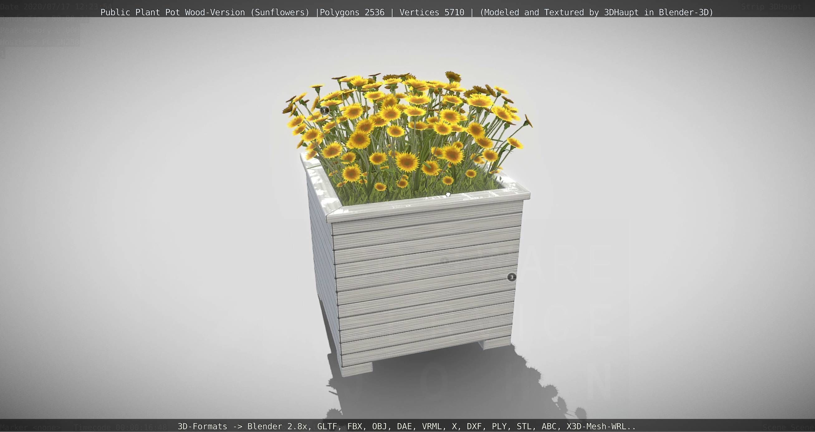 Public Plant Pot Wood-Version with Sunflowers Low-poly 3D model_76