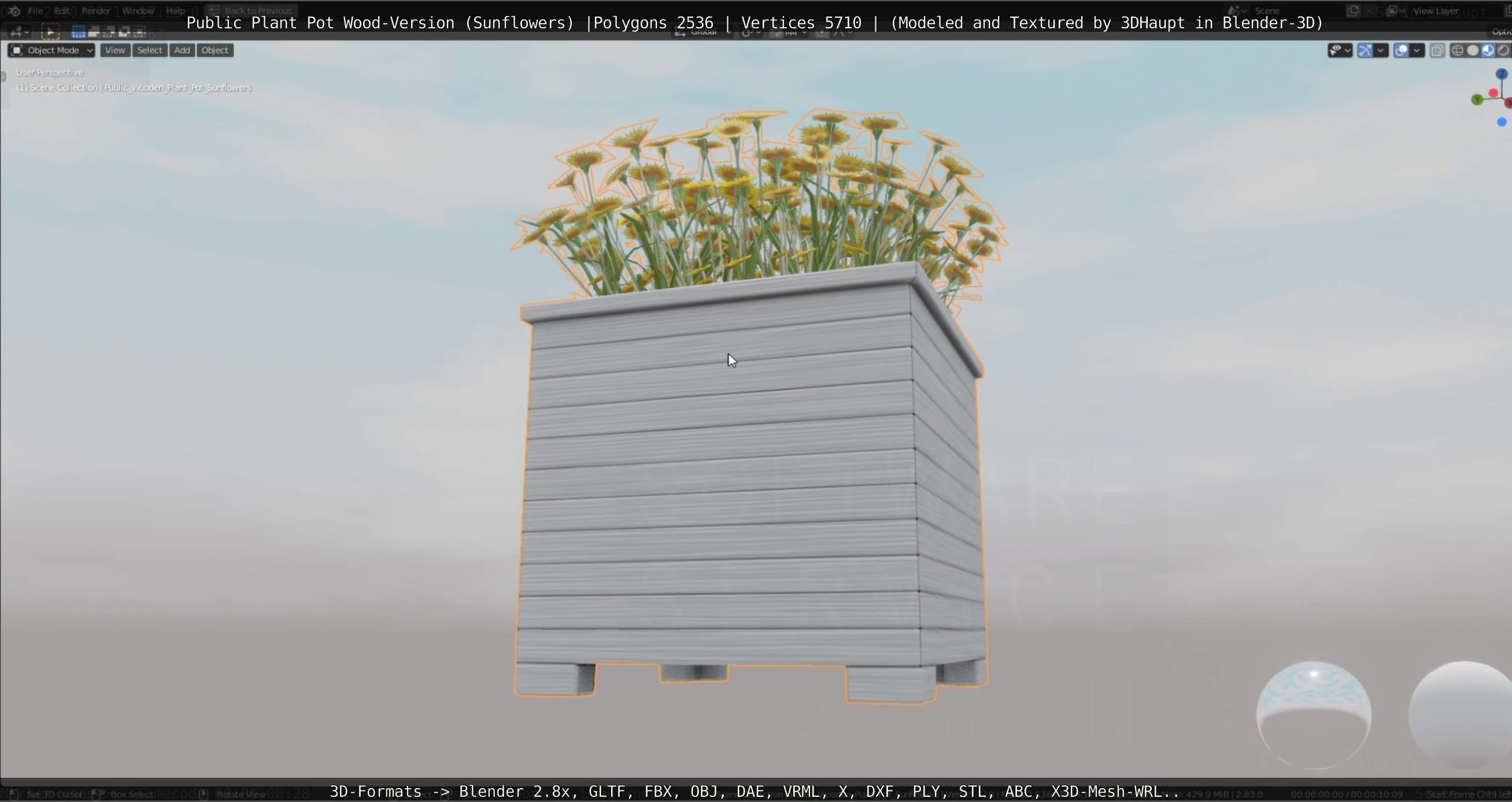 Public Plant Pot Wood-Version with Sunflowers Low-poly 3D model_9