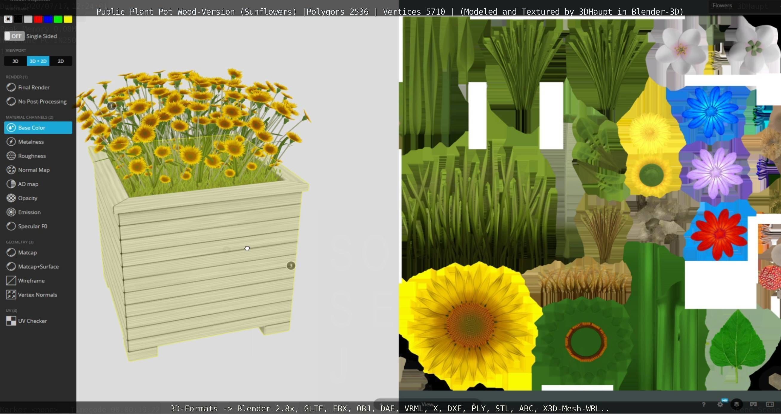 Public Plant Pot Wood-Version with Sunflowers Low-poly 3D model_87