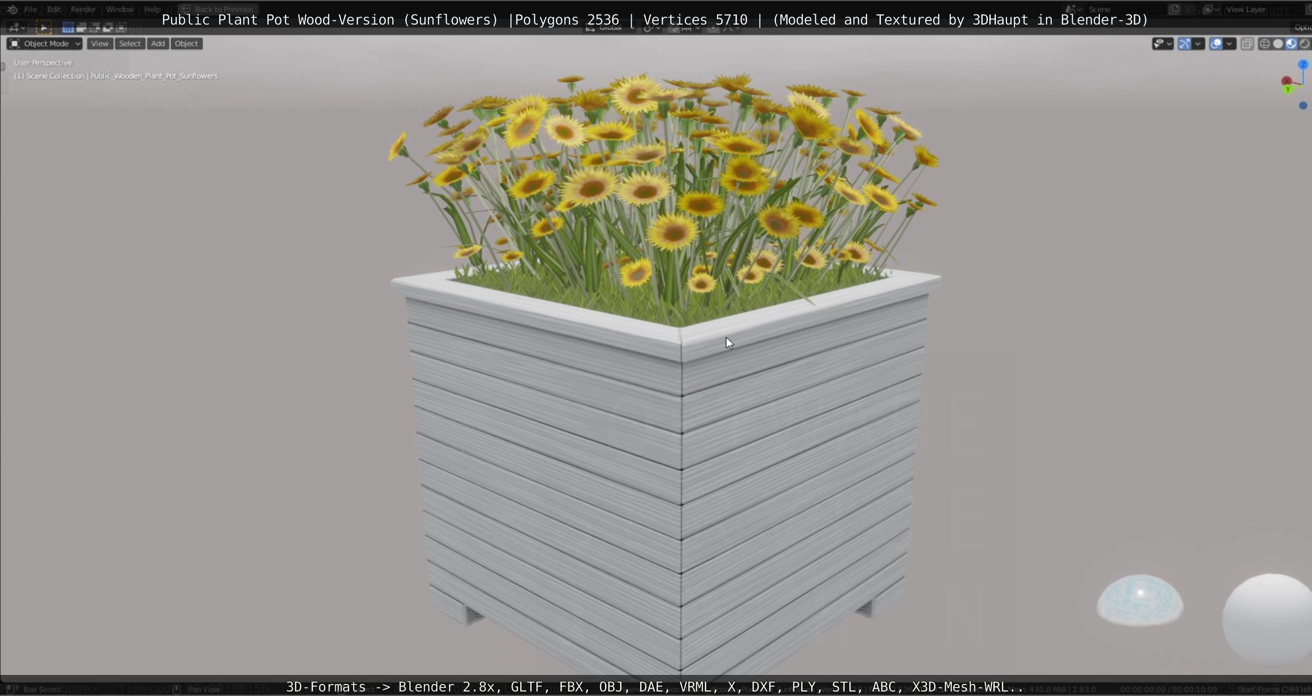 Public Plant Pot Wood-Version with Sunflowers Low-poly 3D model_11