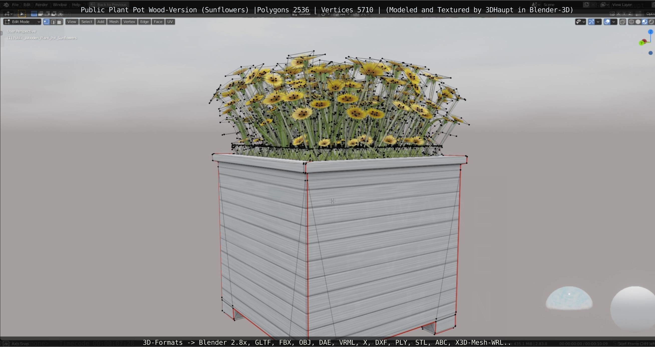 Public Plant Pot Wood-Version with Sunflowers Low-poly 3D model_37