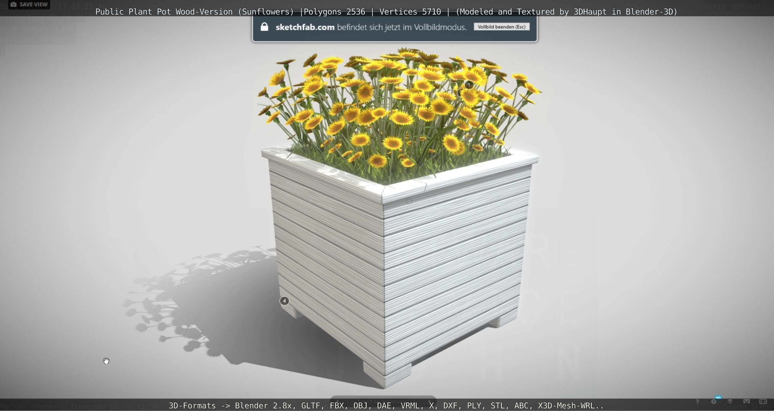 Public Plant Pot Wood-Version with Sunflowers Low-poly 3D model_60