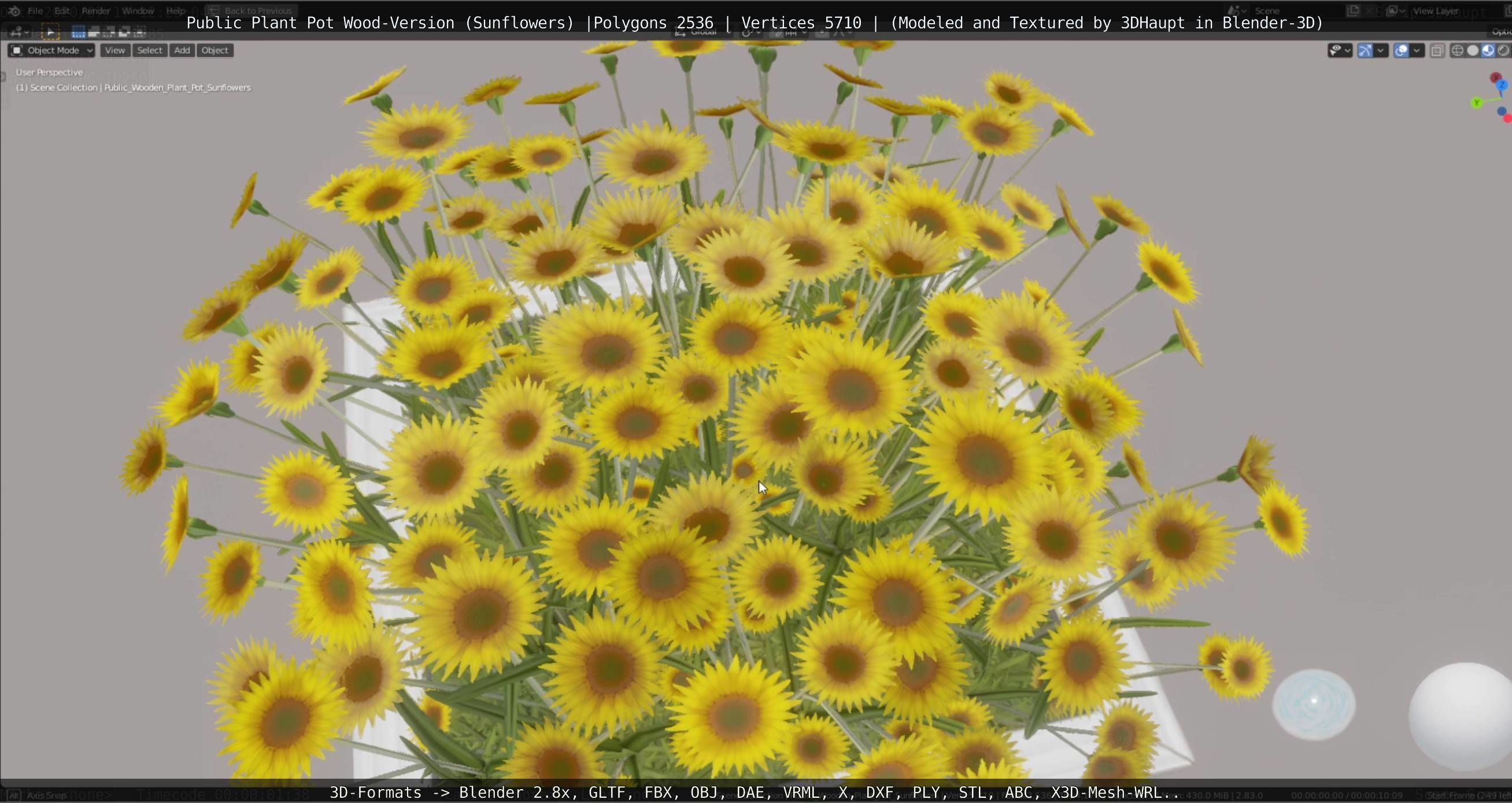 Public Plant Pot Wood-Version with Sunflowers Low-poly 3D model_14