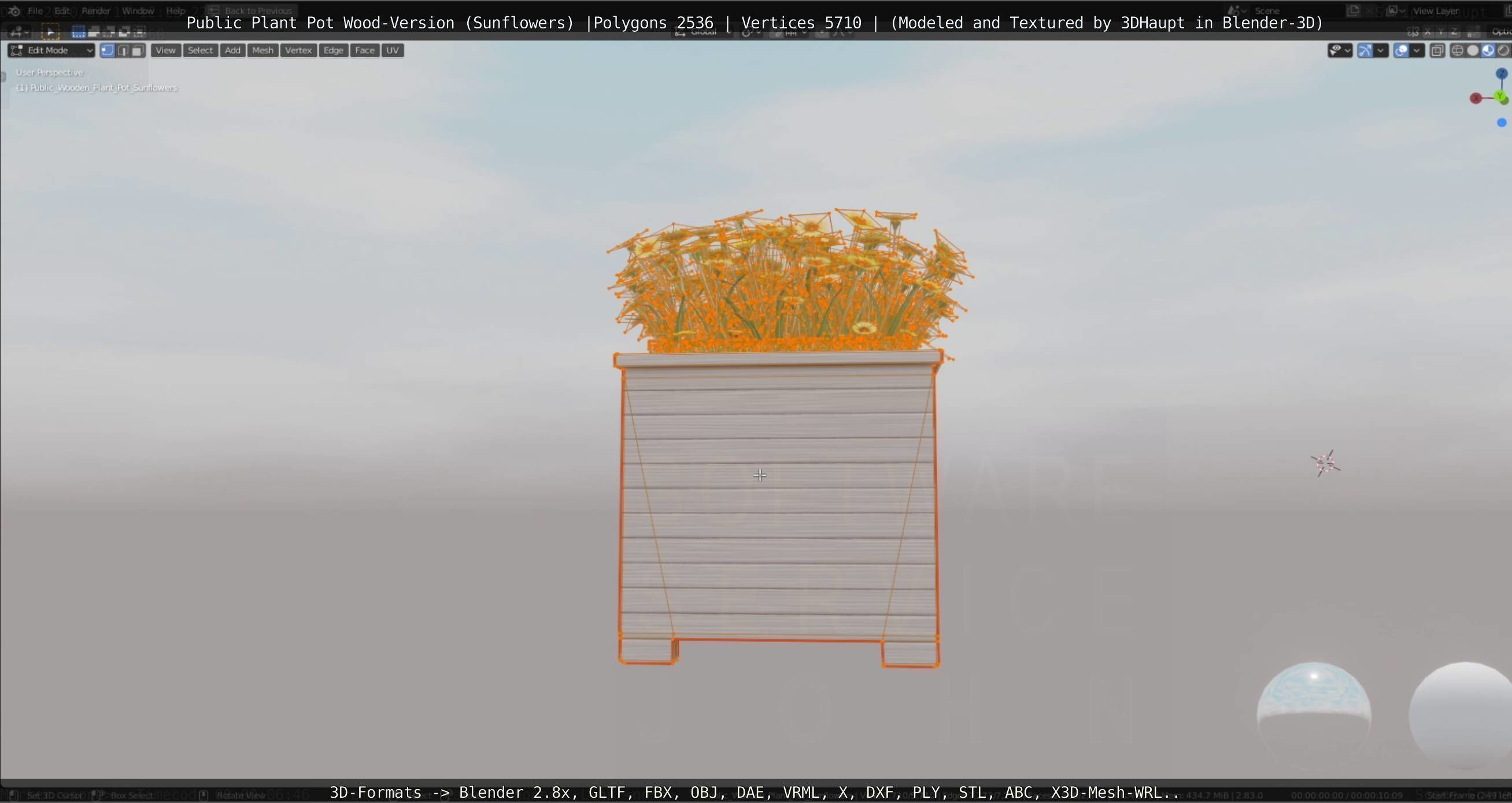 Public Plant Pot Wood-Version with Sunflowers Low-poly 3D model_34