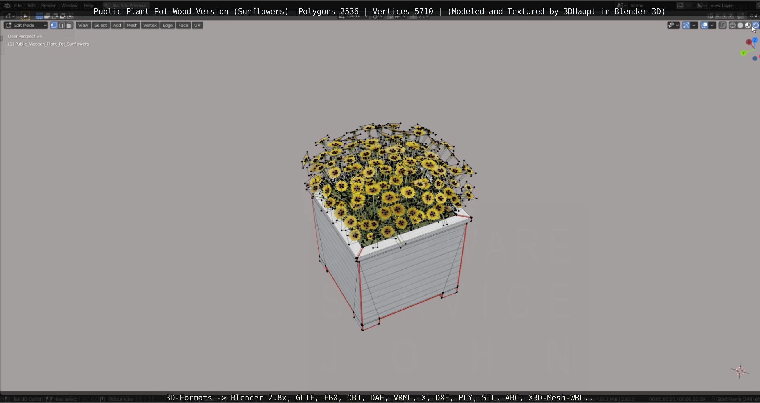 Public Plant Pot Wood-Version with Sunflowers Low-poly 3D model_50