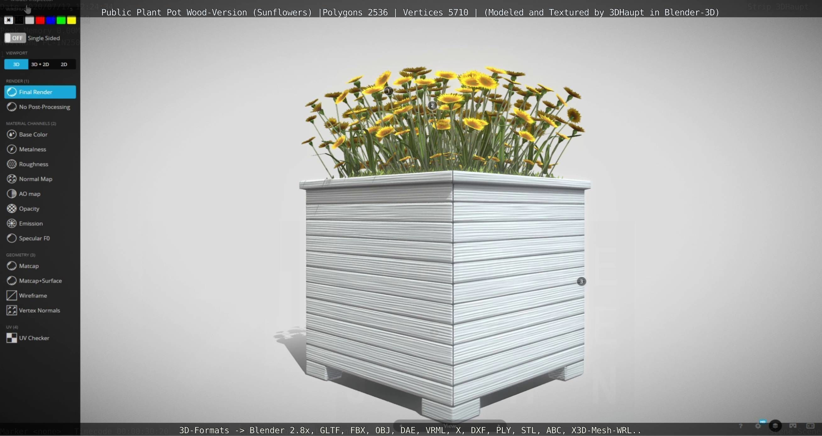 Public Plant Pot Wood-Version with Sunflowers Low-poly 3D model_122