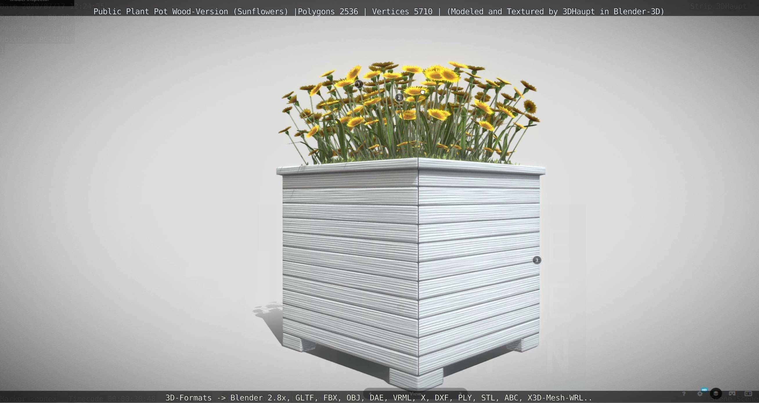 Public Plant Pot Wood-Version with Sunflowers Low-poly 3D model_3