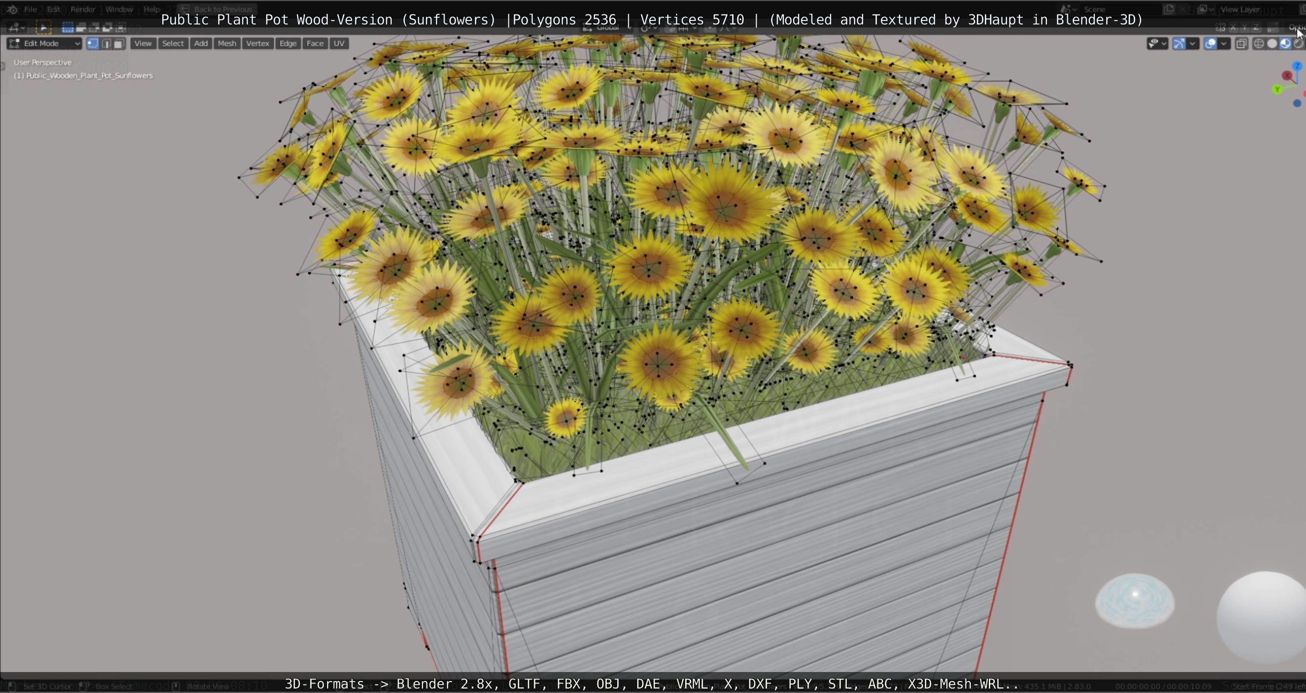 Public Plant Pot Wood-Version with Sunflowers Low-poly 3D model_40