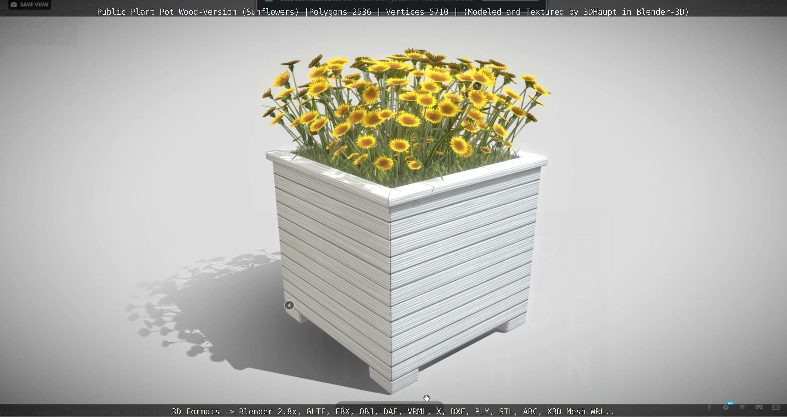 Public Plant Pot Wood-Version with Sunflowers Low-poly 3D model_61