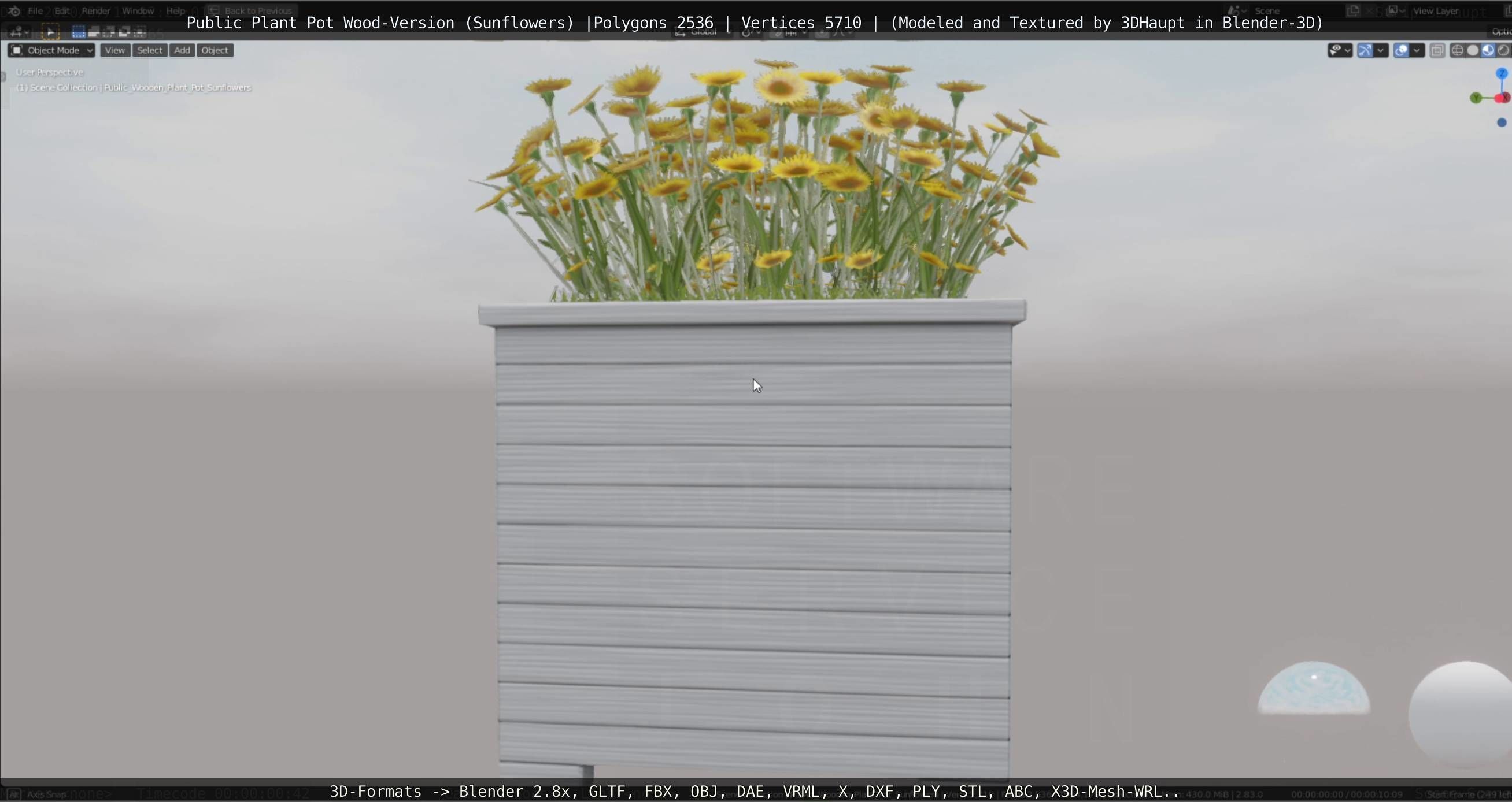 Public Plant Pot Wood-Version with Sunflowers Low-poly 3D model_10