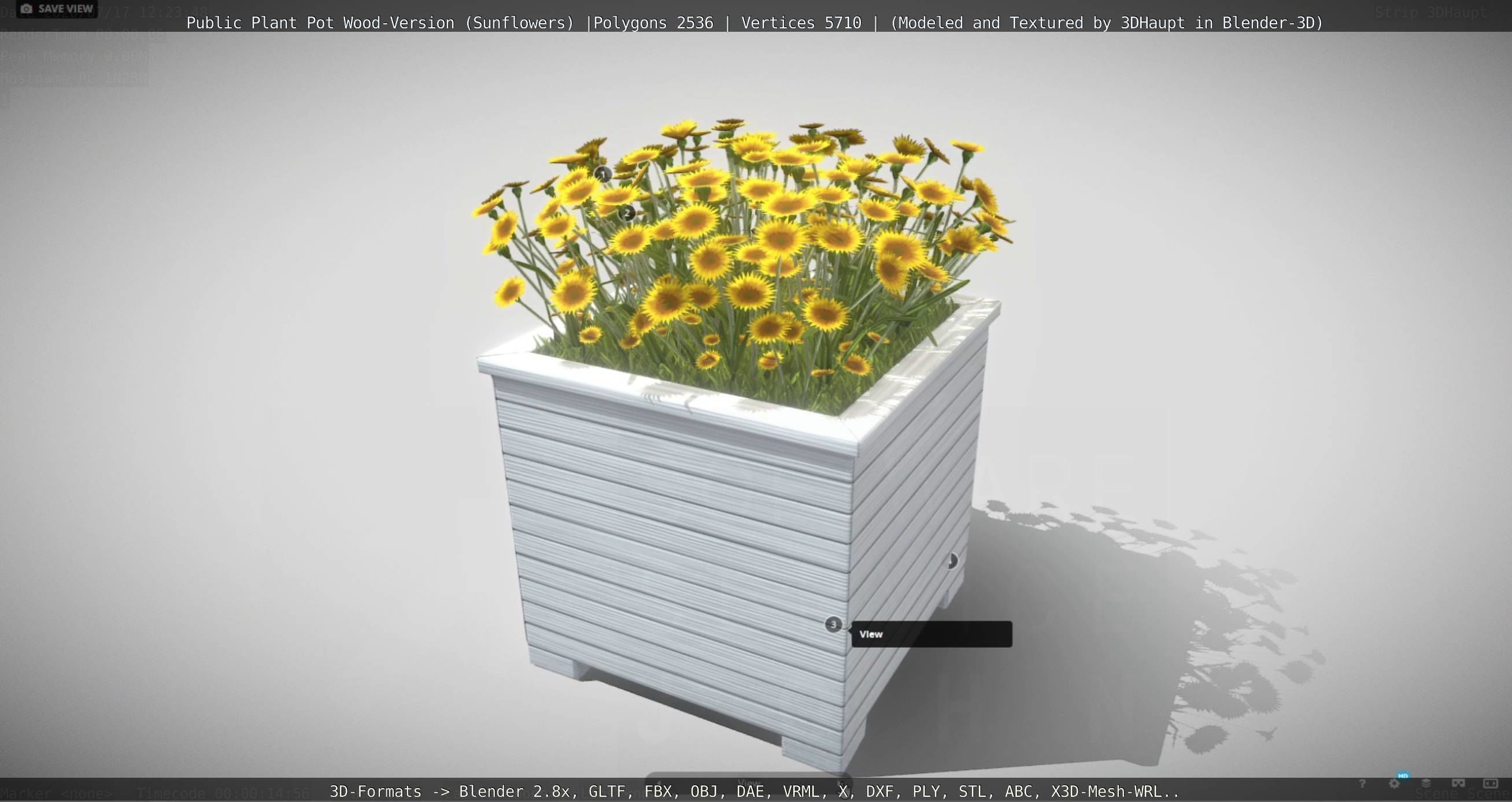 Public Plant Pot Wood-Version with Sunflowers Low-poly 3D model_68