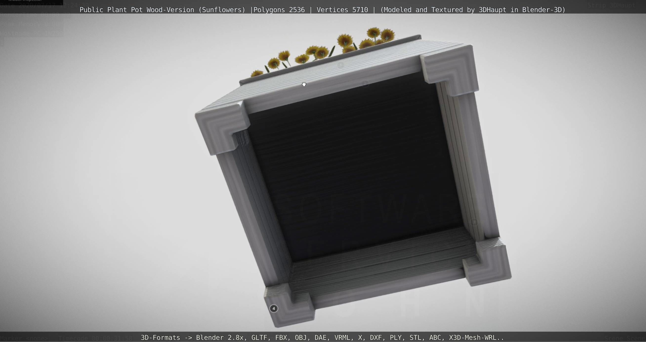 Public Plant Pot Wood-Version with Sunflowers Low-poly 3D model_126