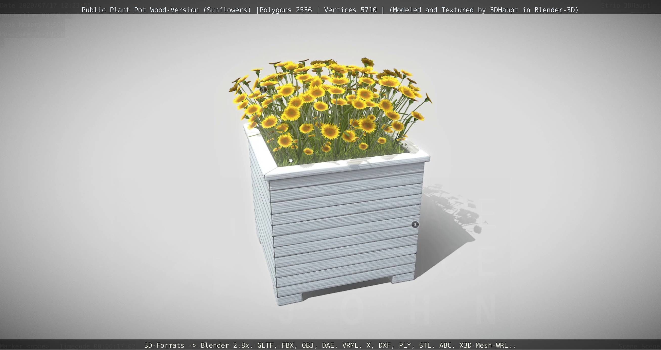 Public Plant Pot Wood-Version with Sunflowers Low-poly 3D model_77