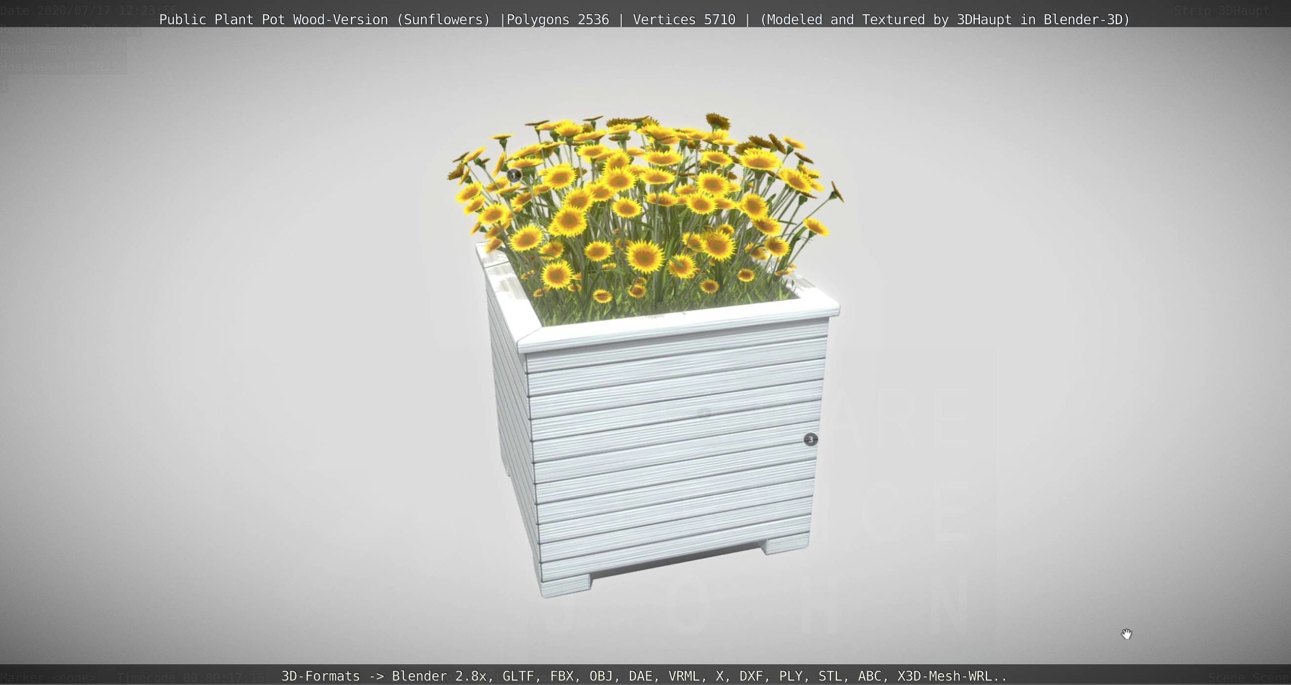 Public Plant Pot Wood-Version with Sunflowers Low-poly 3D model_78