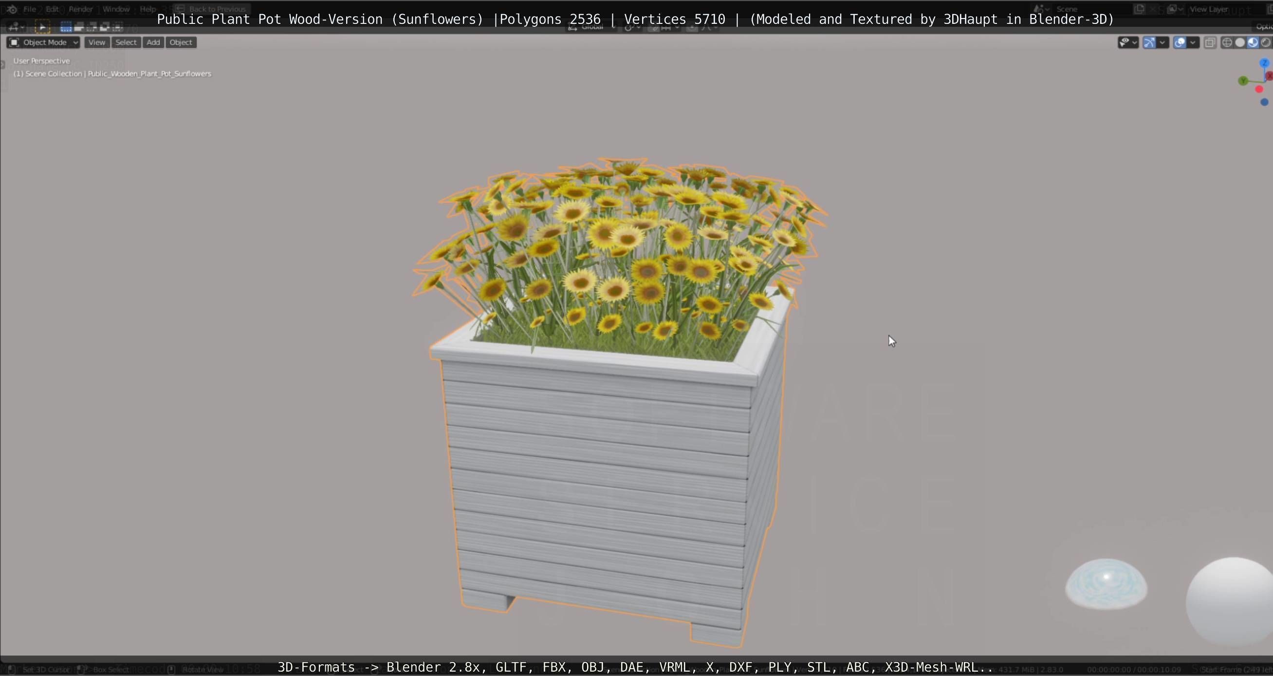 Public Plant Pot Wood-Version with Sunflowers Low-poly 3D model_52