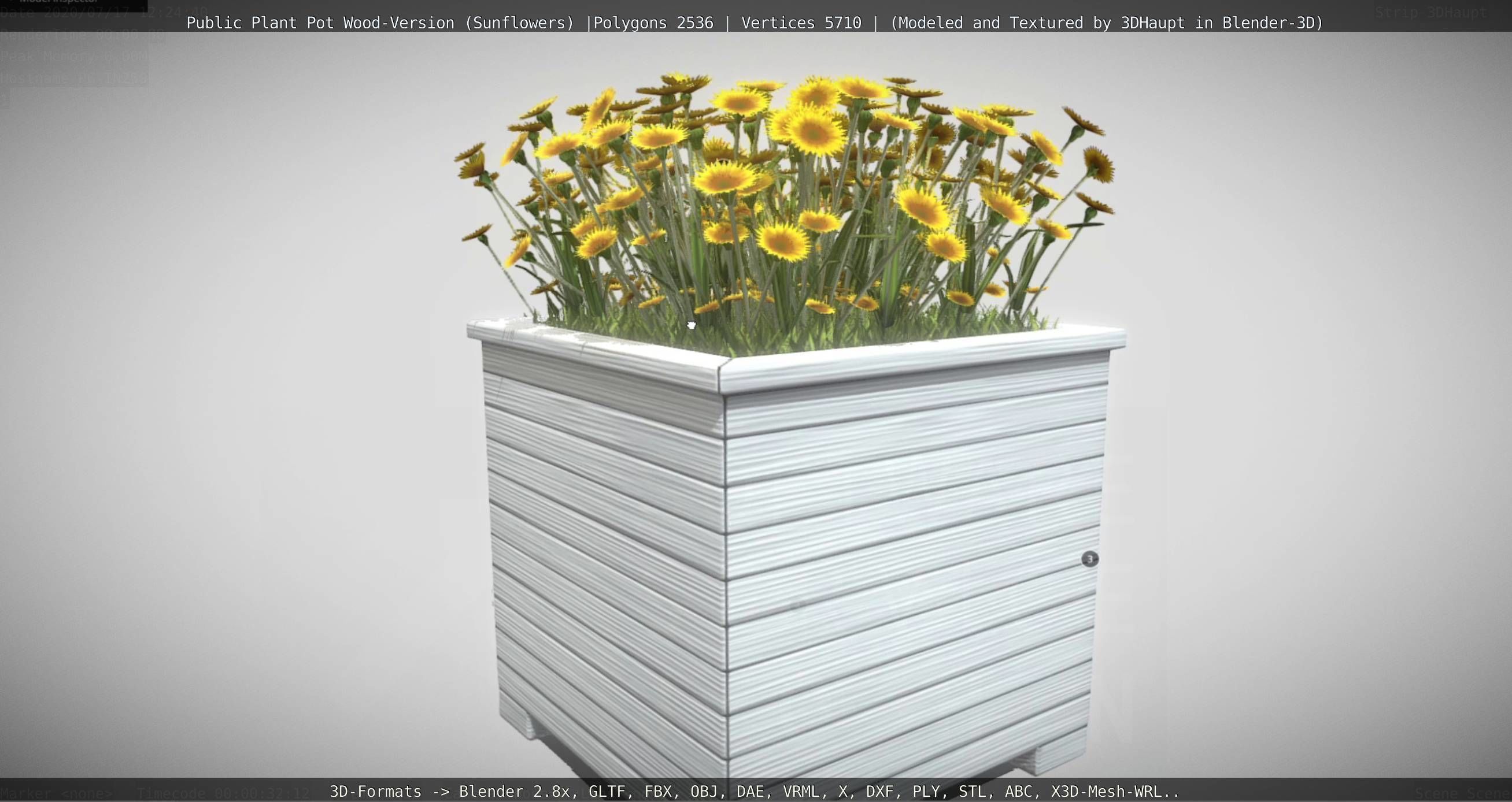 Public Plant Pot Wood-Version with Sunflowers Low-poly 3D model_127