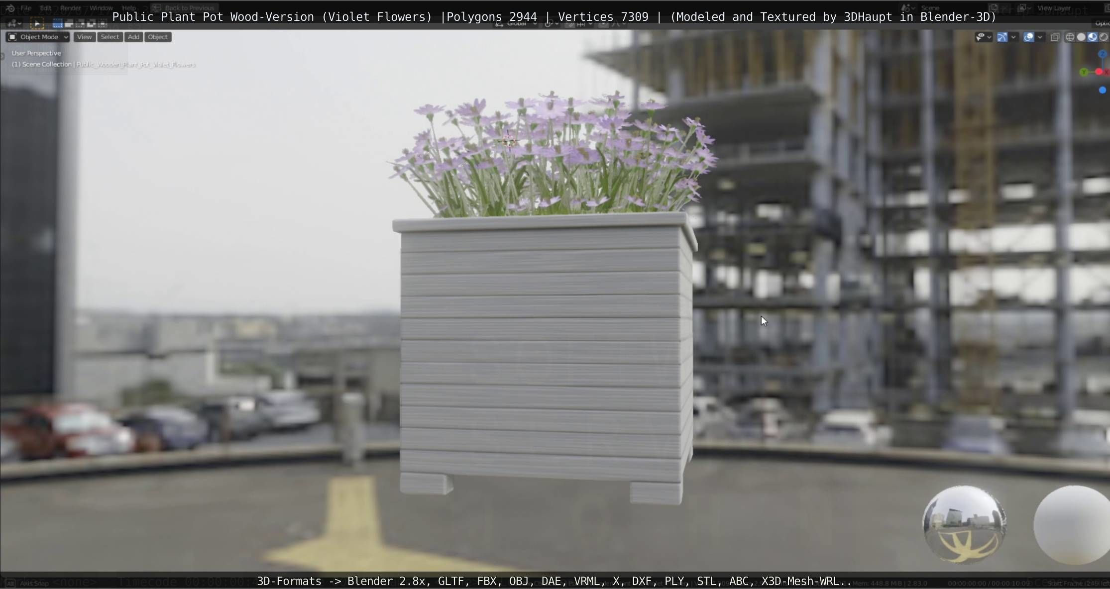 Public Plant Pot Wood-Version with Violet Flowers Low-poly 3D model_23