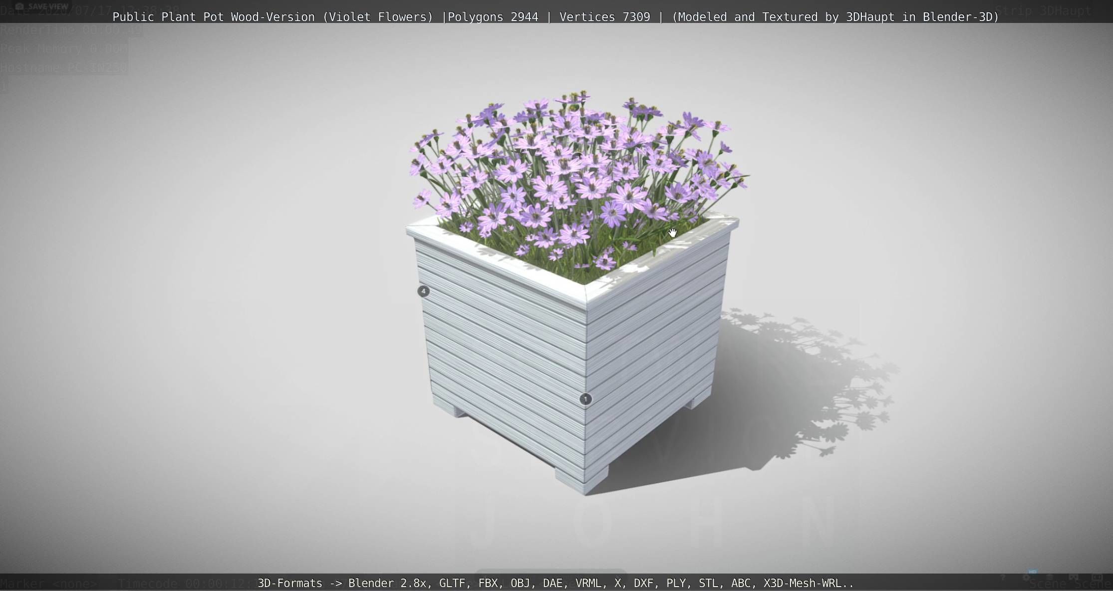 Public Plant Pot Wood-Version with Violet Flowers Low-poly 3D model_96